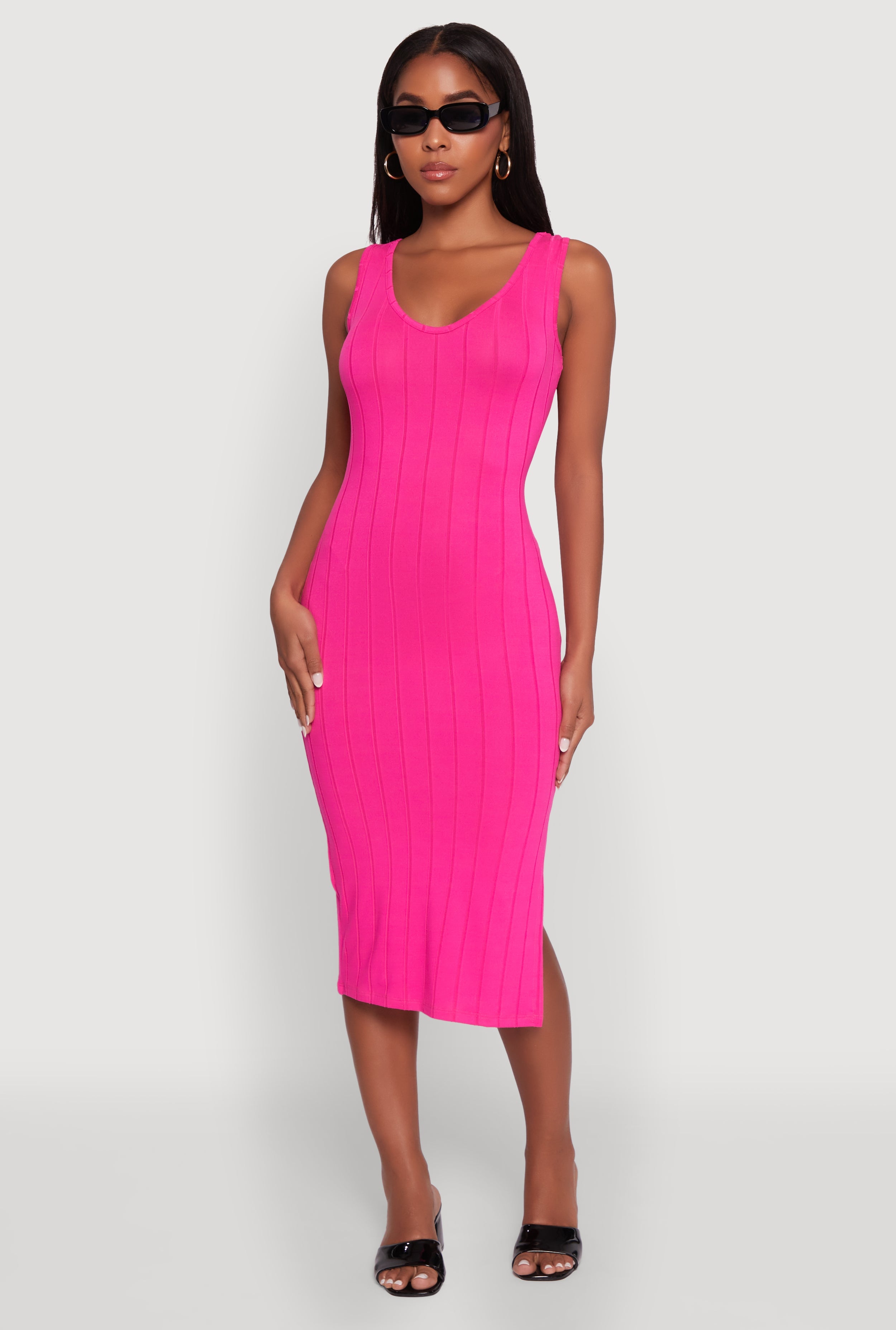 Trendy Rib Knit V-Neck Side Slit Tank Dress