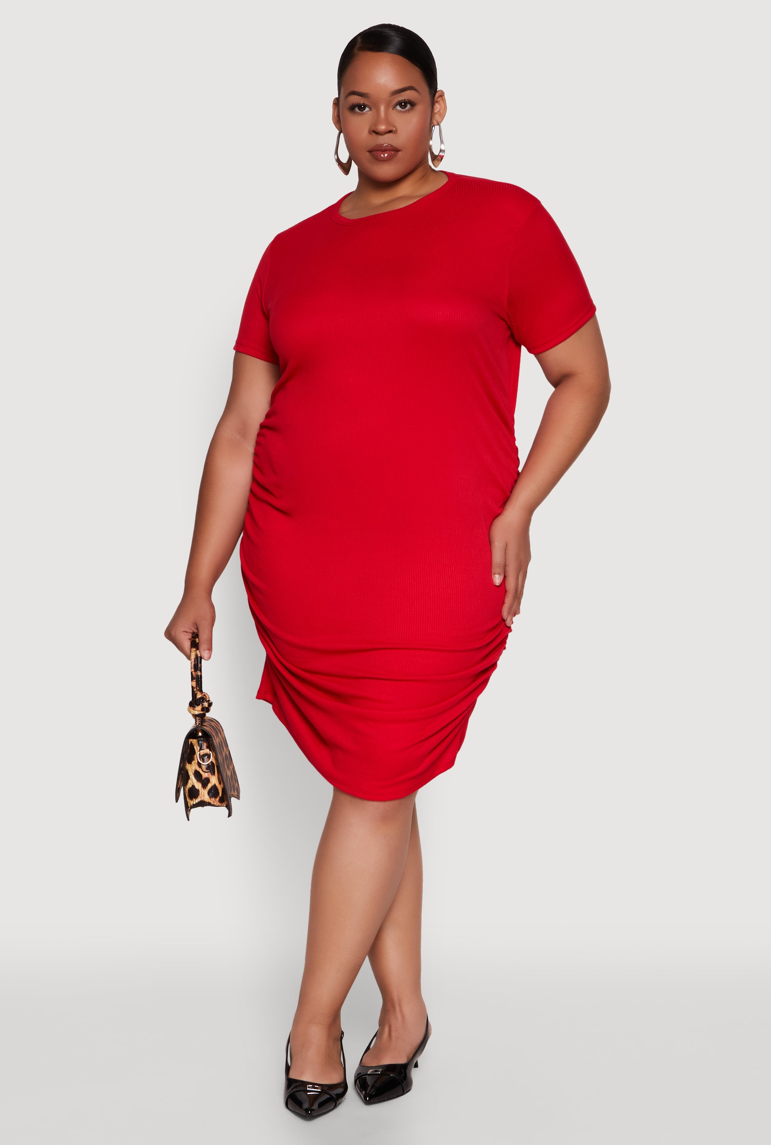Plus Size Side Ruched Rib Knit T Shirt Dress