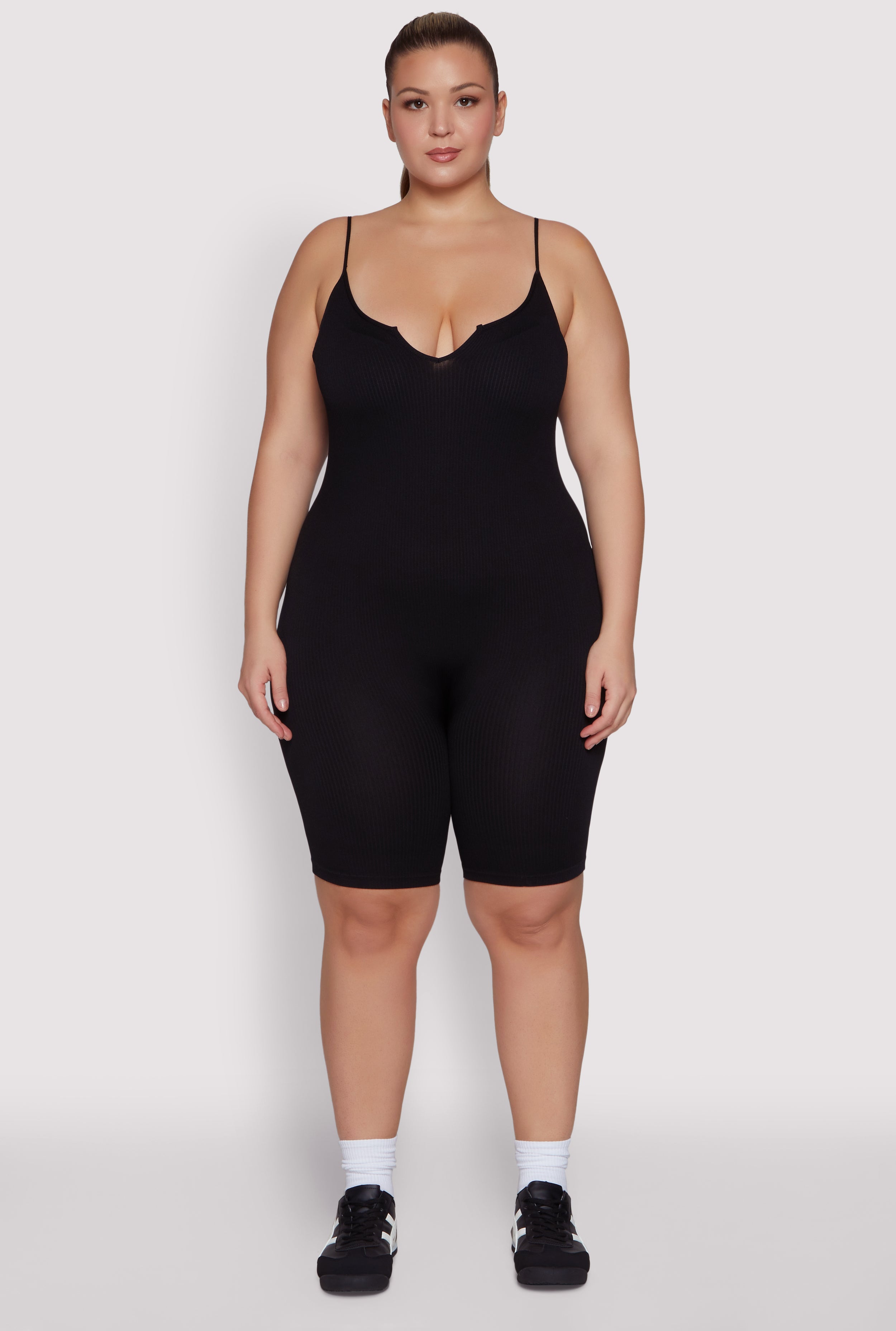 Plus Size Ribbed Knit Notch Neck Cami Romper