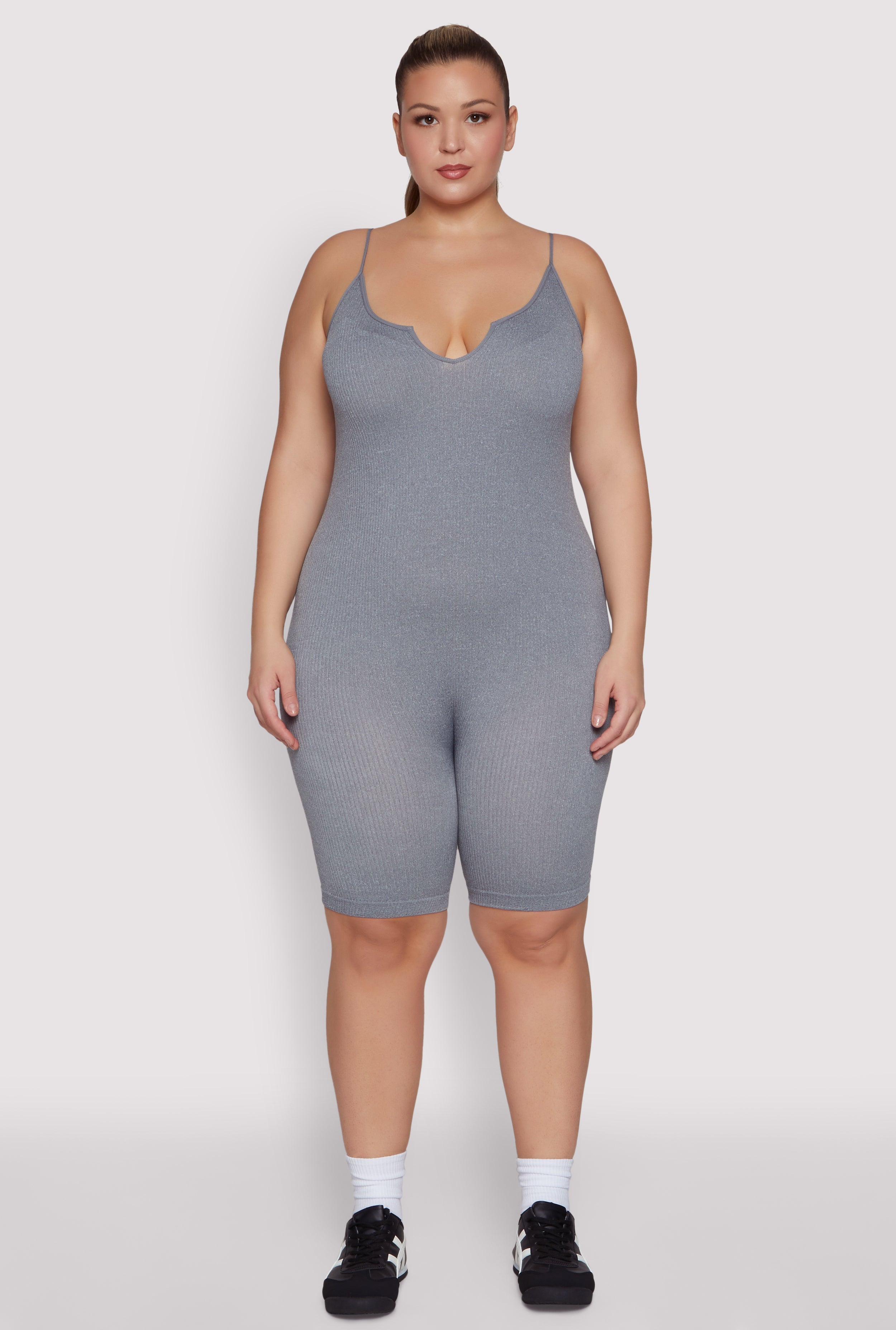 Plus Size Ribbed Knit Notch Neck Cami Romper