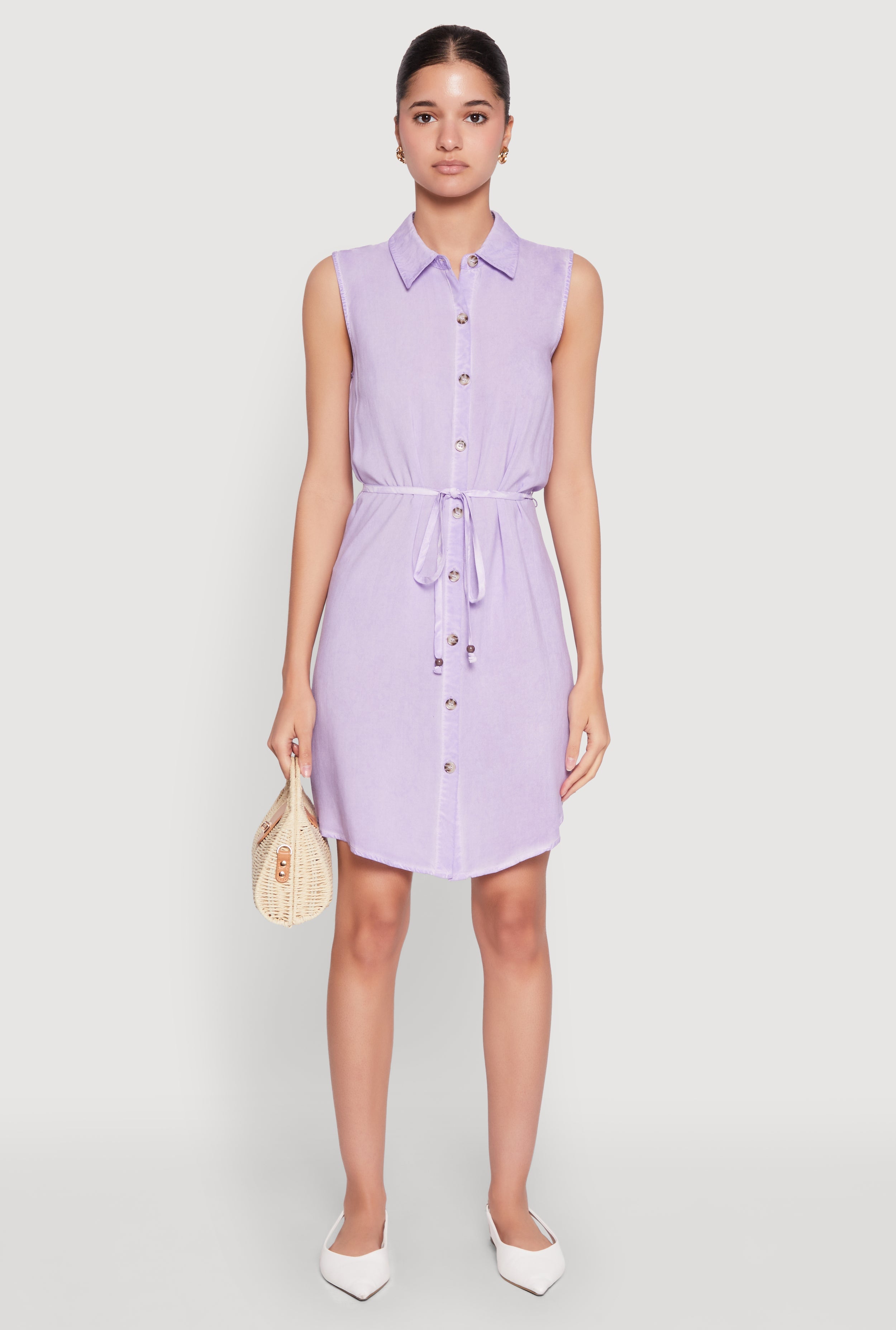 Tie Waist Belted Sleeveless Shirt Dress
