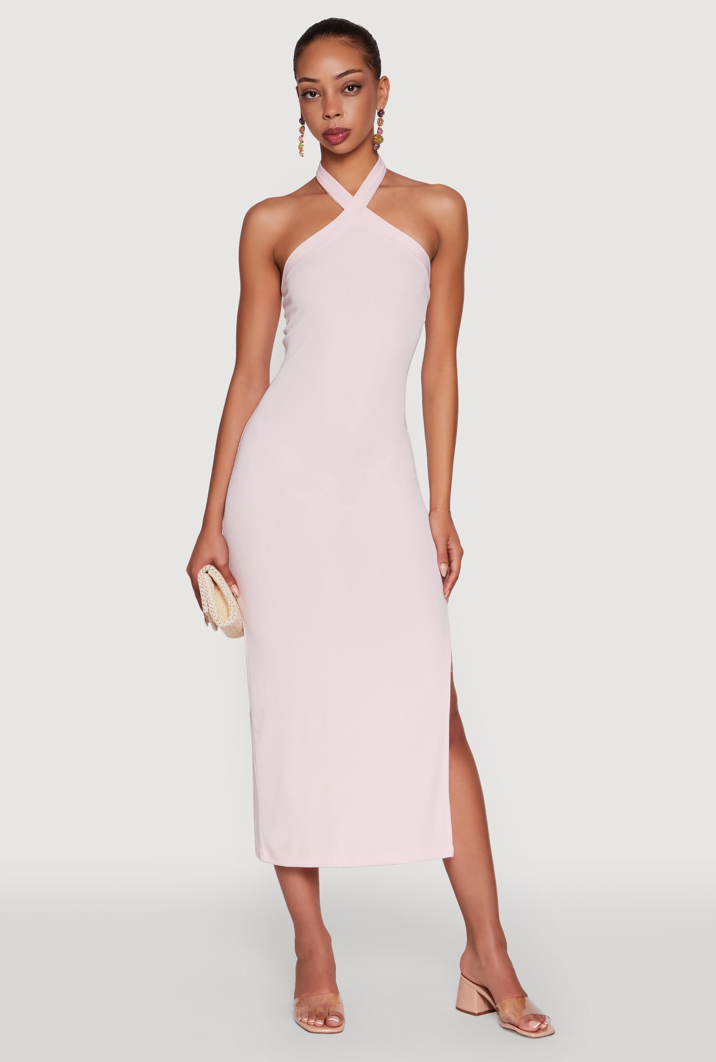Ribbed Knit Bodycon Halter Dress with Side Slit