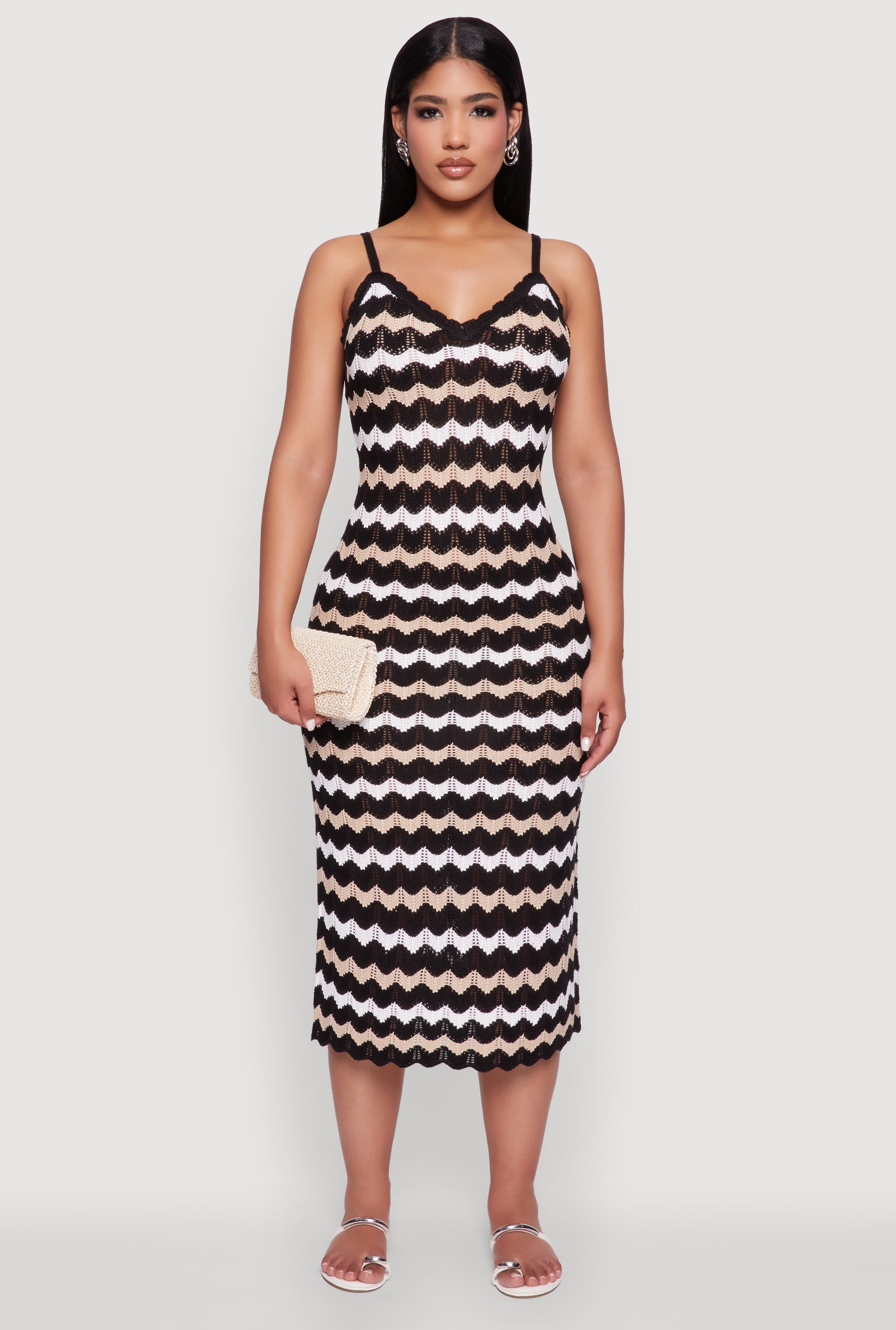 Madden Girl Wavy Striped V Neck Sleeveless Crochet Cami Dress