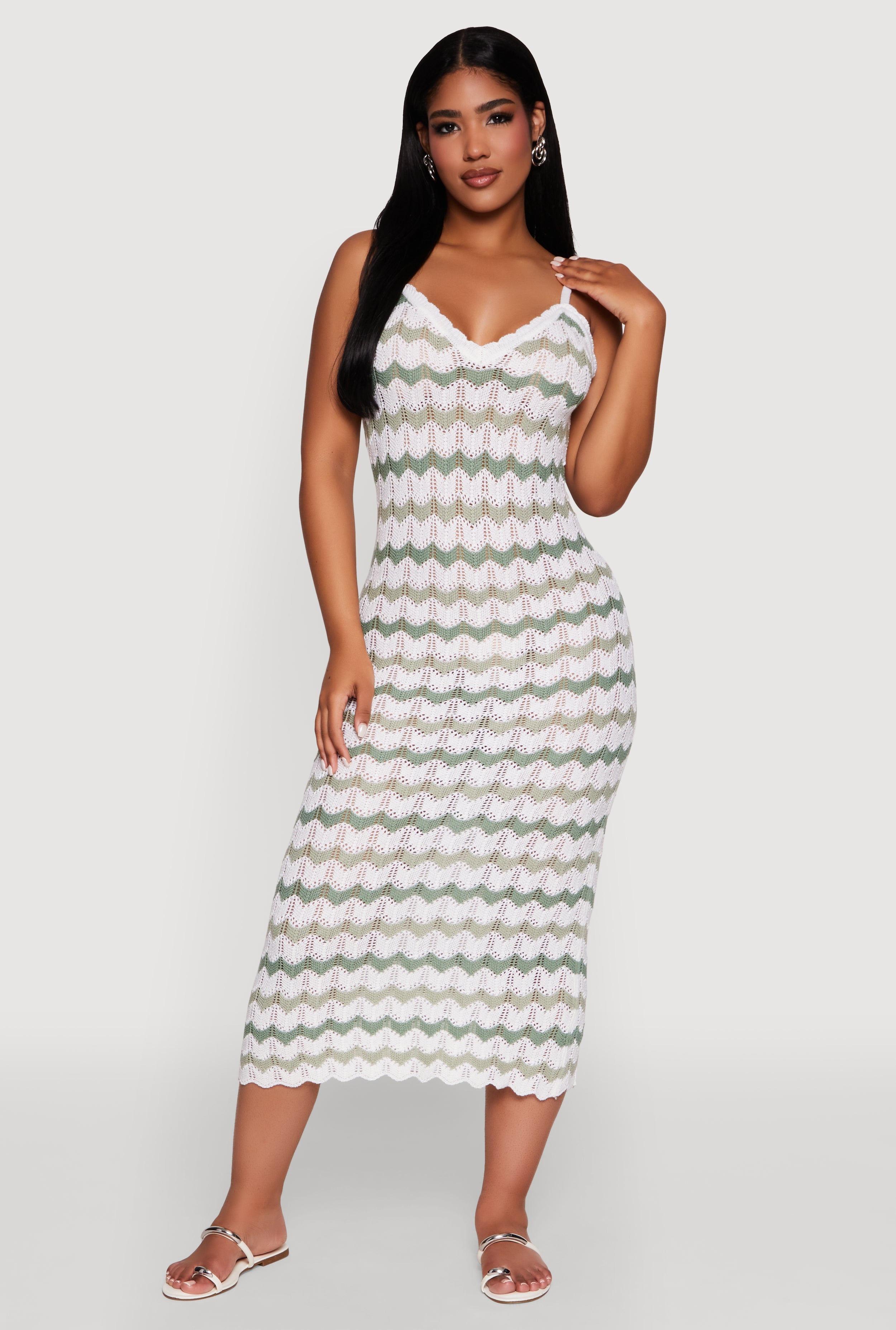 Madden Girl Wavy Striped V Neck Sleeveless Crochet Cami Dress