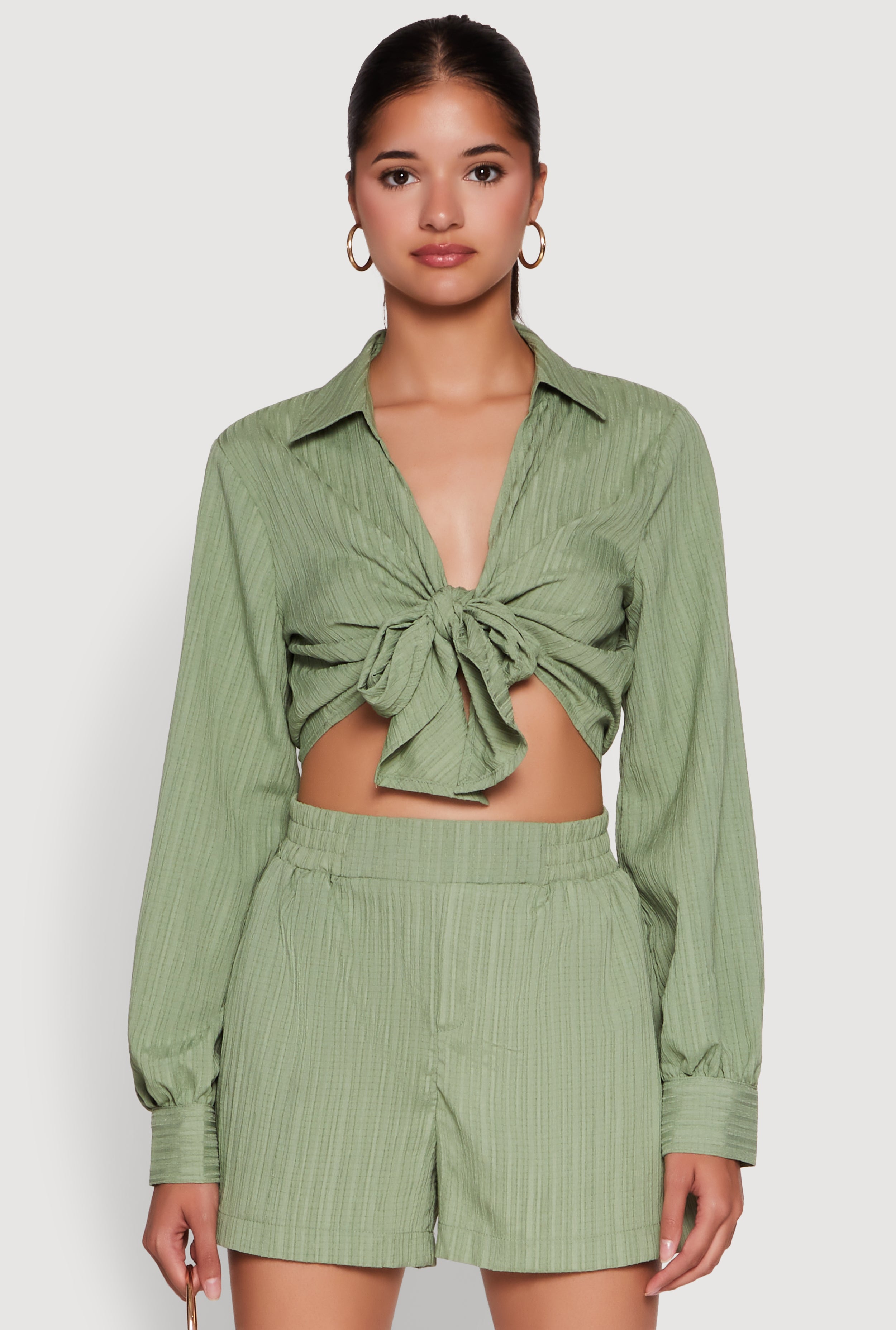 Chic Textured Knit Bubble Sleeve Tie Front Crop Top
