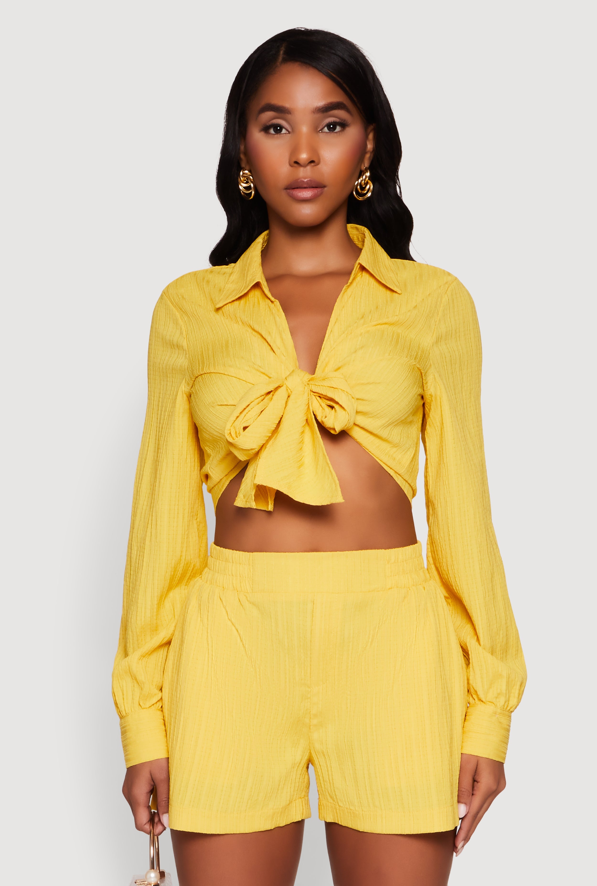 Chic Textured Knit Bubble Sleeve Tie Front Crop Top