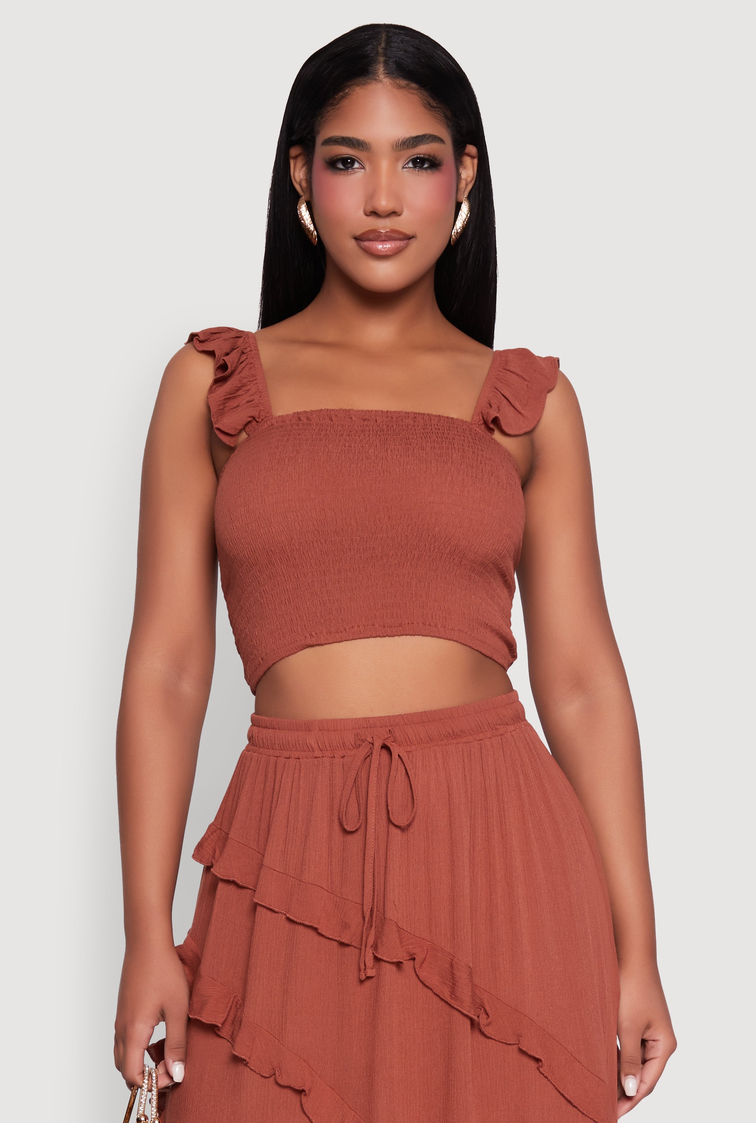 Chic Gauze Knit Ruffle Strap Crop Top with Square Neck