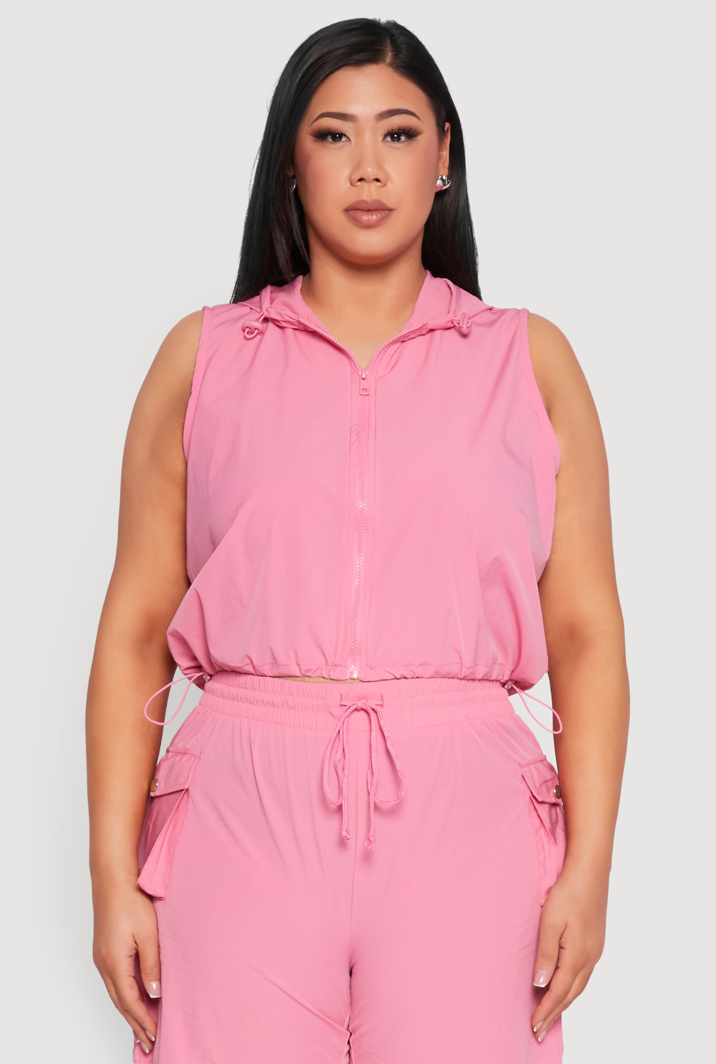 Plus Size Zip Front Sleeveless Windbreaker Vest