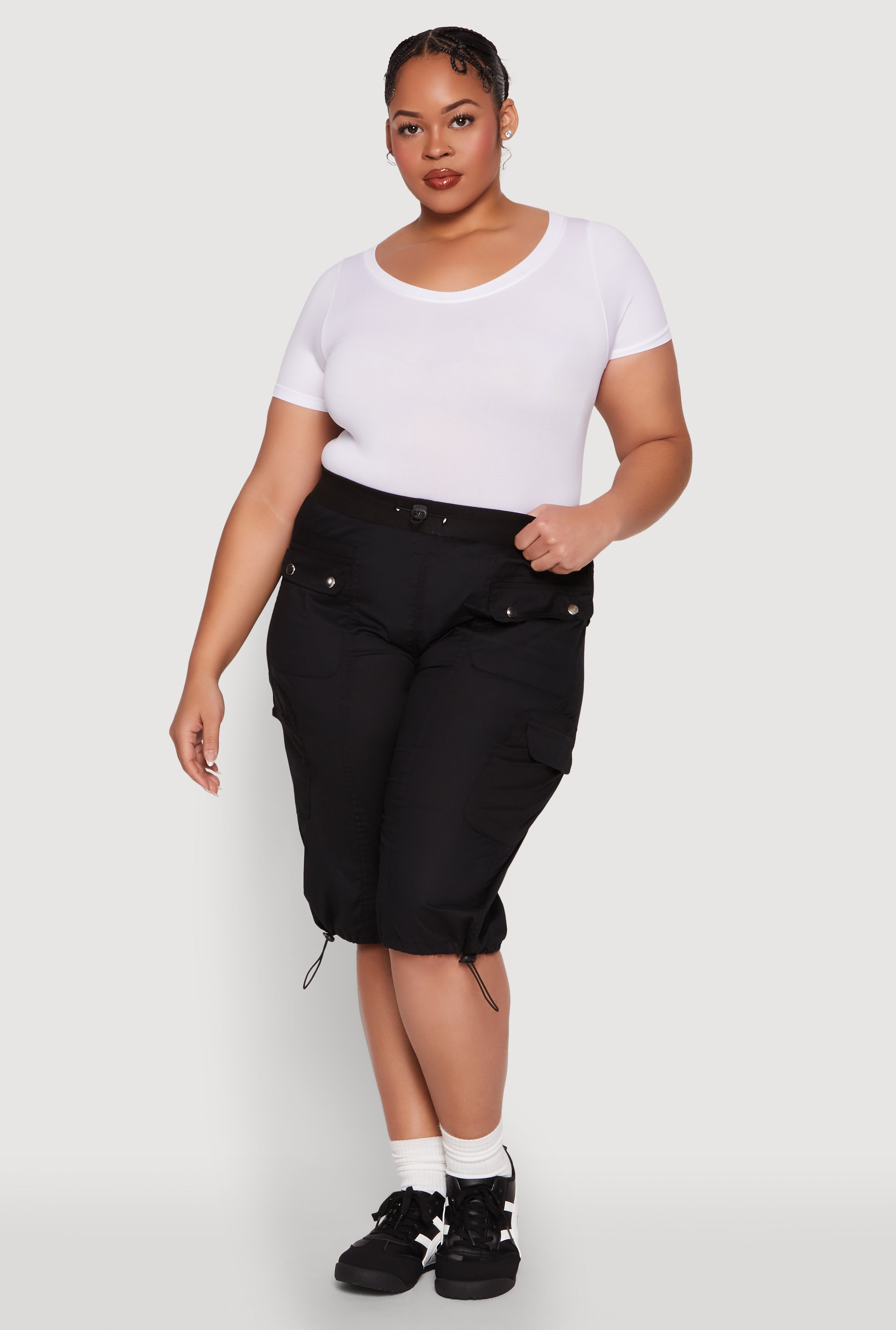 Plus Size Poplin Toggle Drawstring Cargo Capri Pants