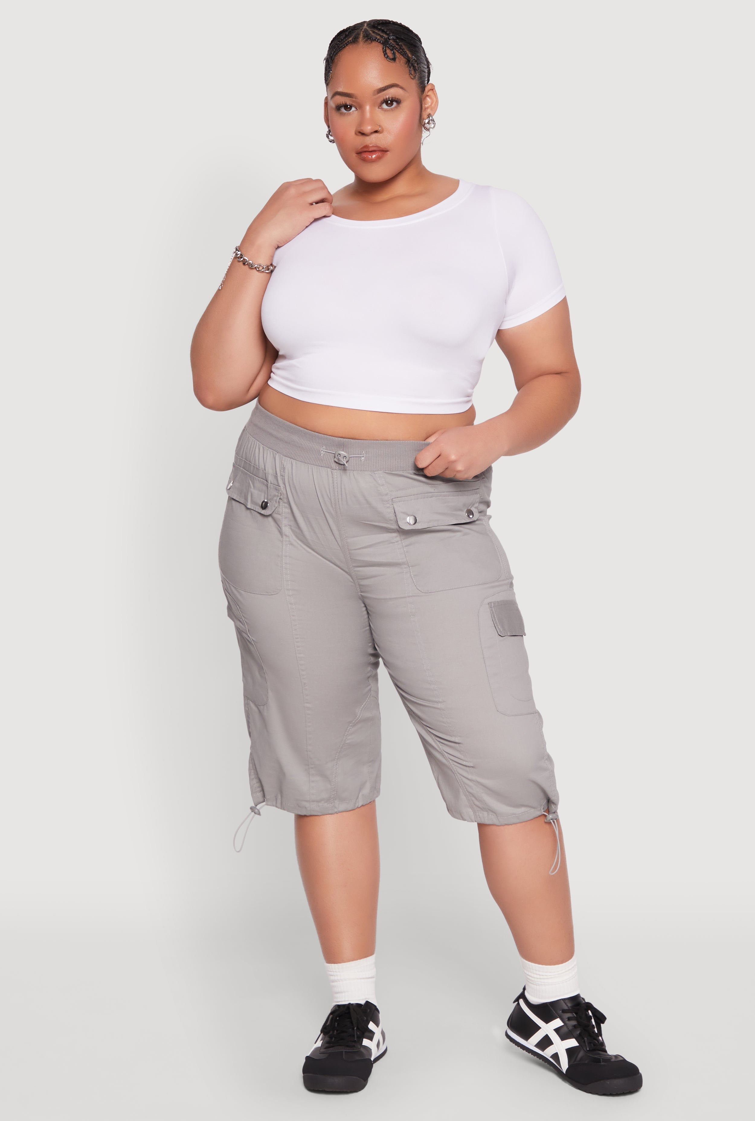 Plus Size Poplin Toggle Drawstring Cargo Capri Pants
