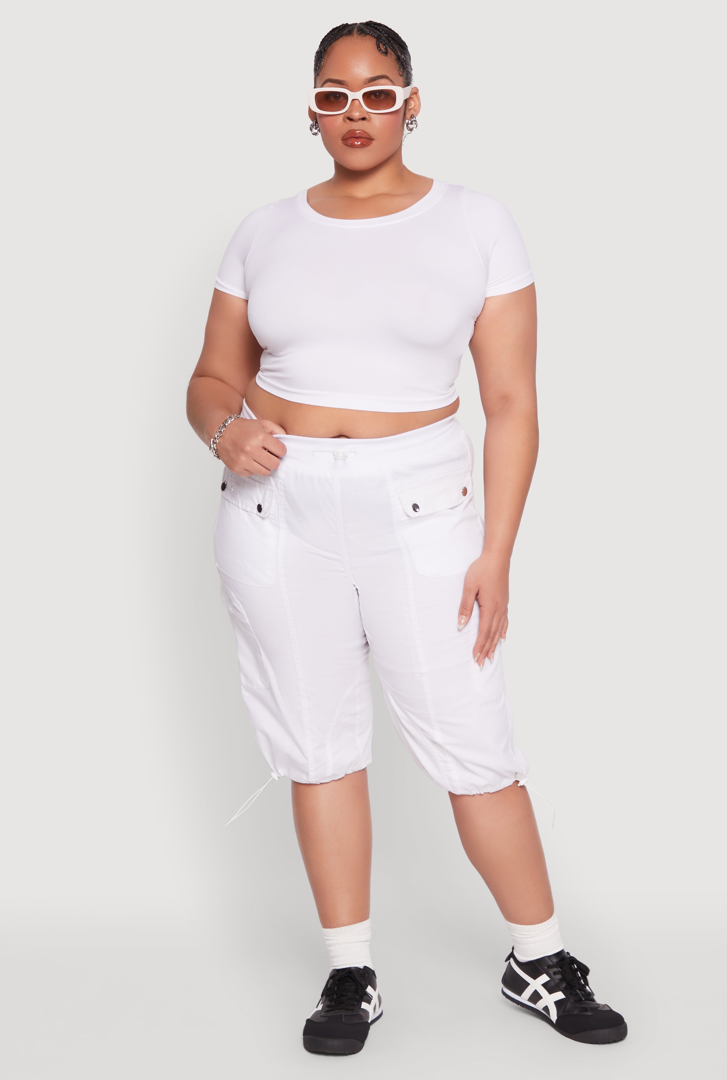 Plus Size Poplin Toggle Drawstring Cargo Capri Pants