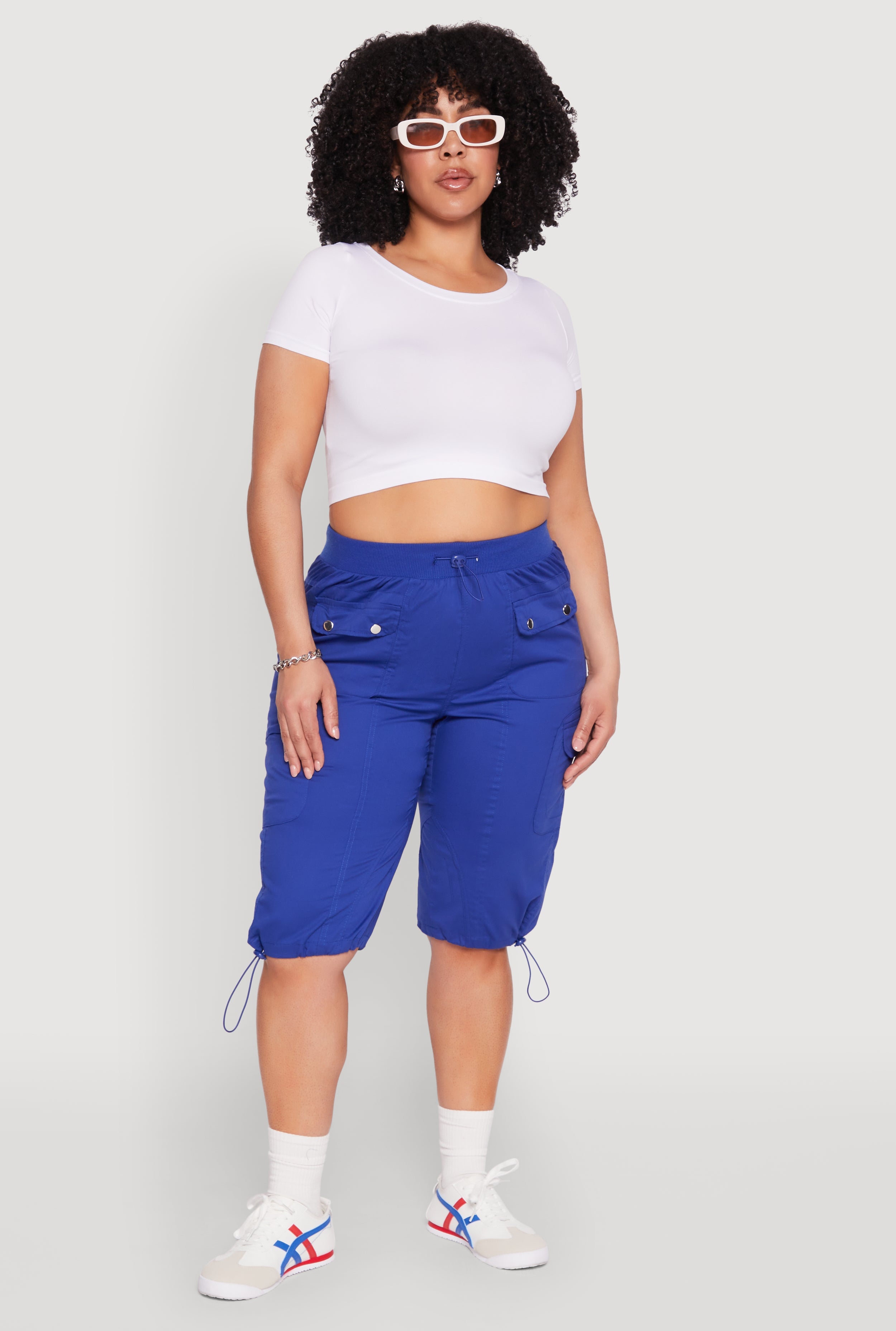 Plus Size Poplin Toggle Drawstring Cargo Capri Pants