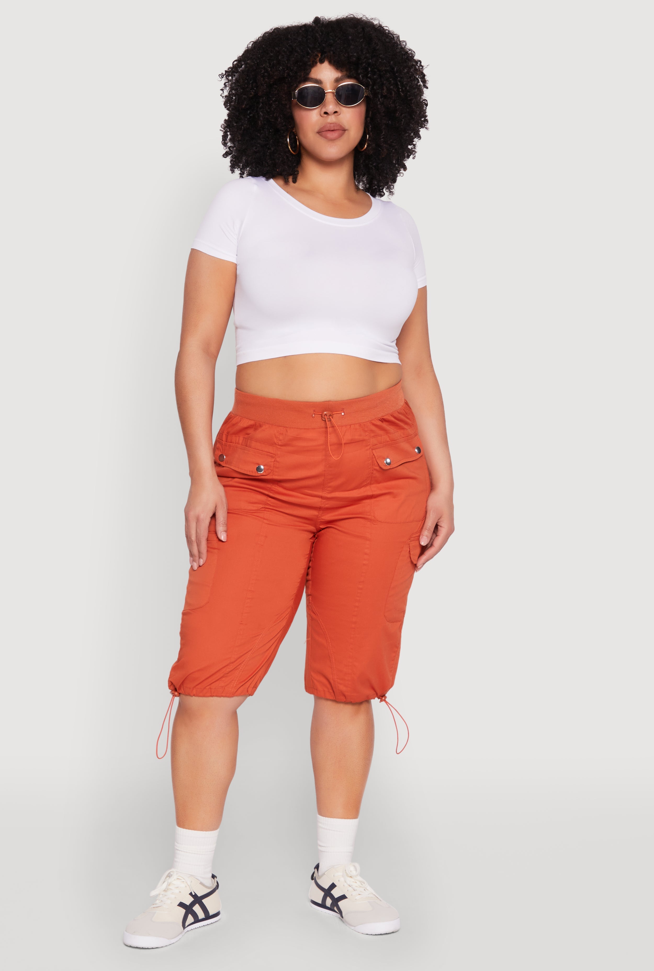 Plus Size Poplin Toggle Drawstring Cargo Capri Pants