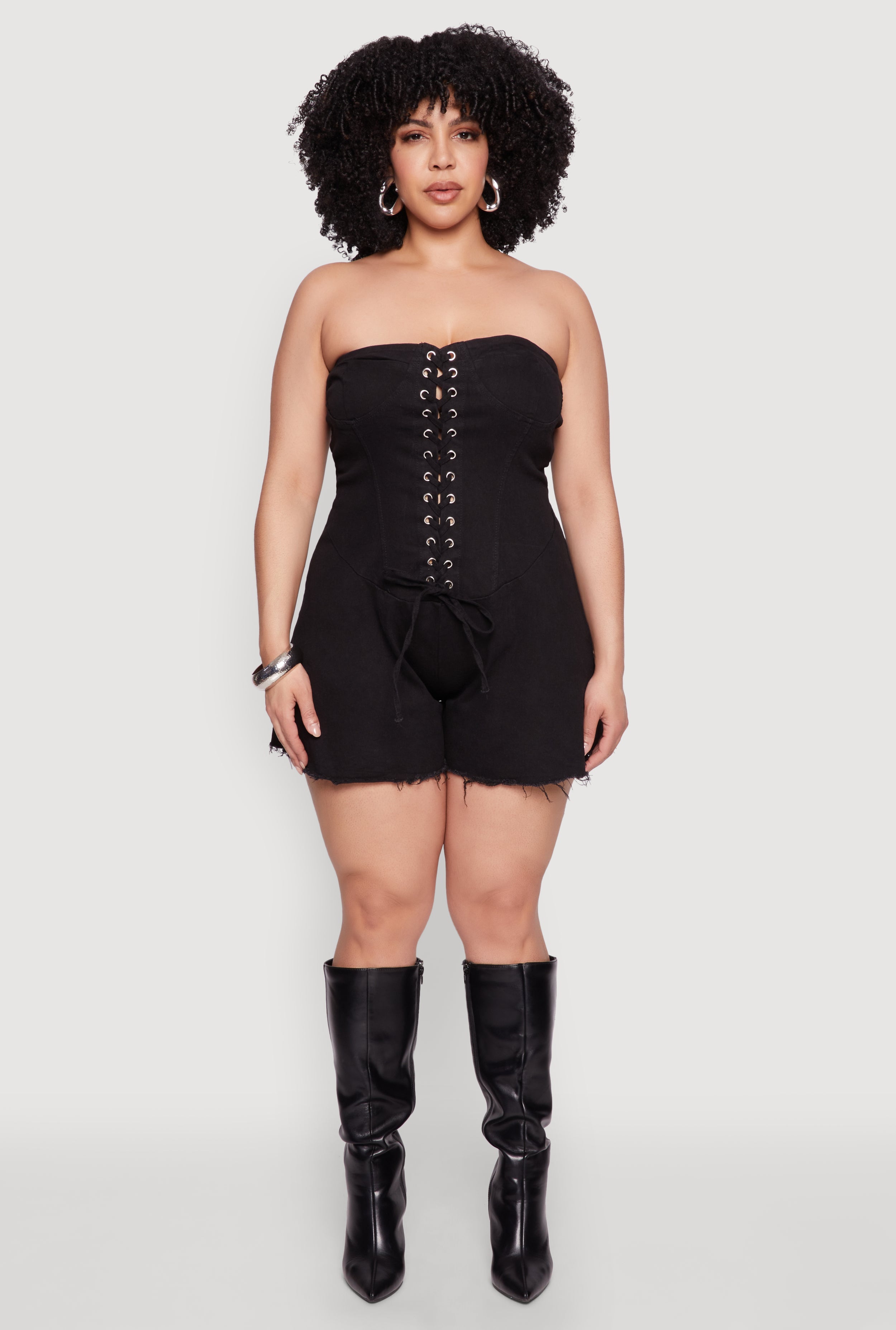 Plus Size Daisy Strapless Lace Up Denim Romper