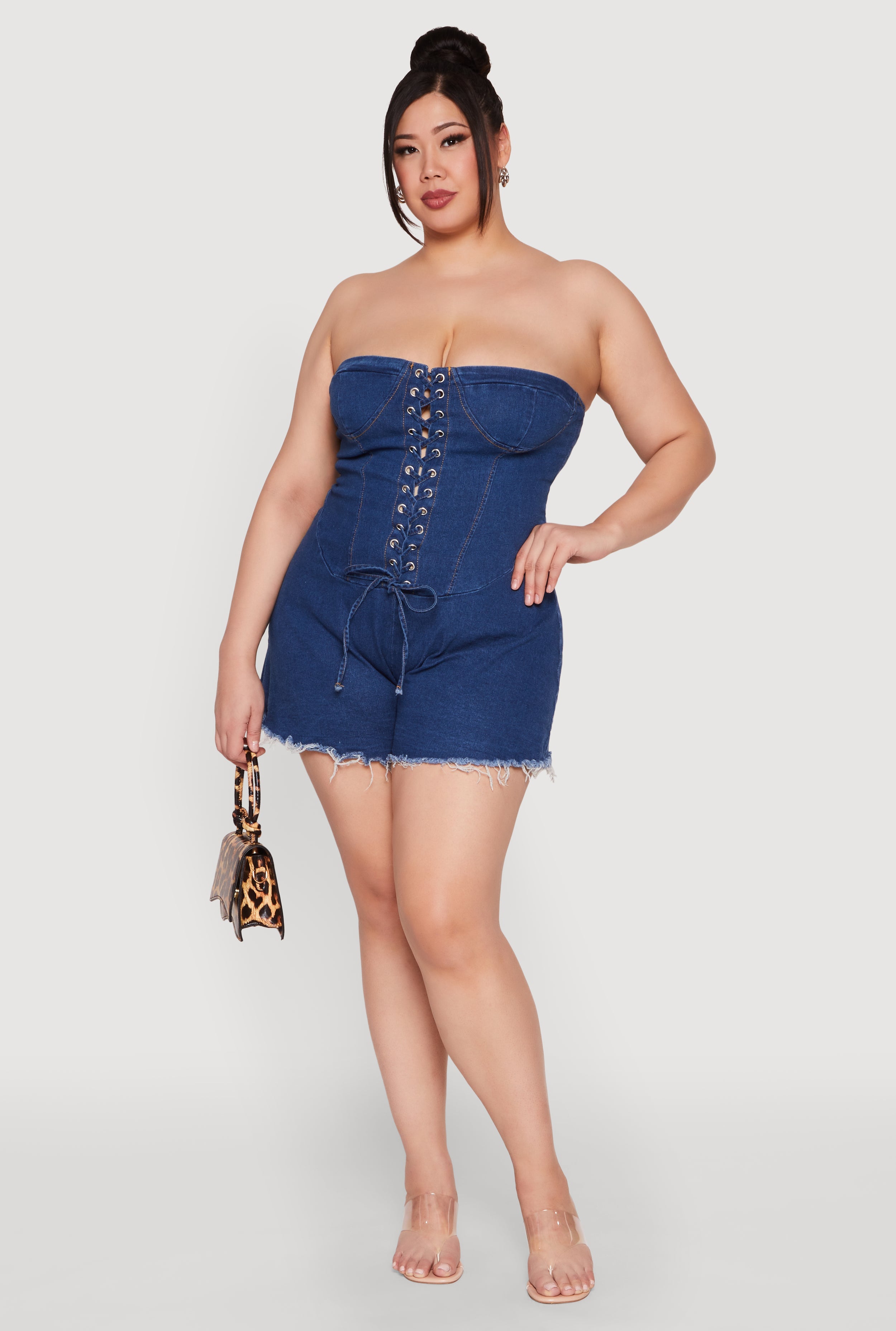 Plus Size Daisy Strapless Lace Up Denim Romper
