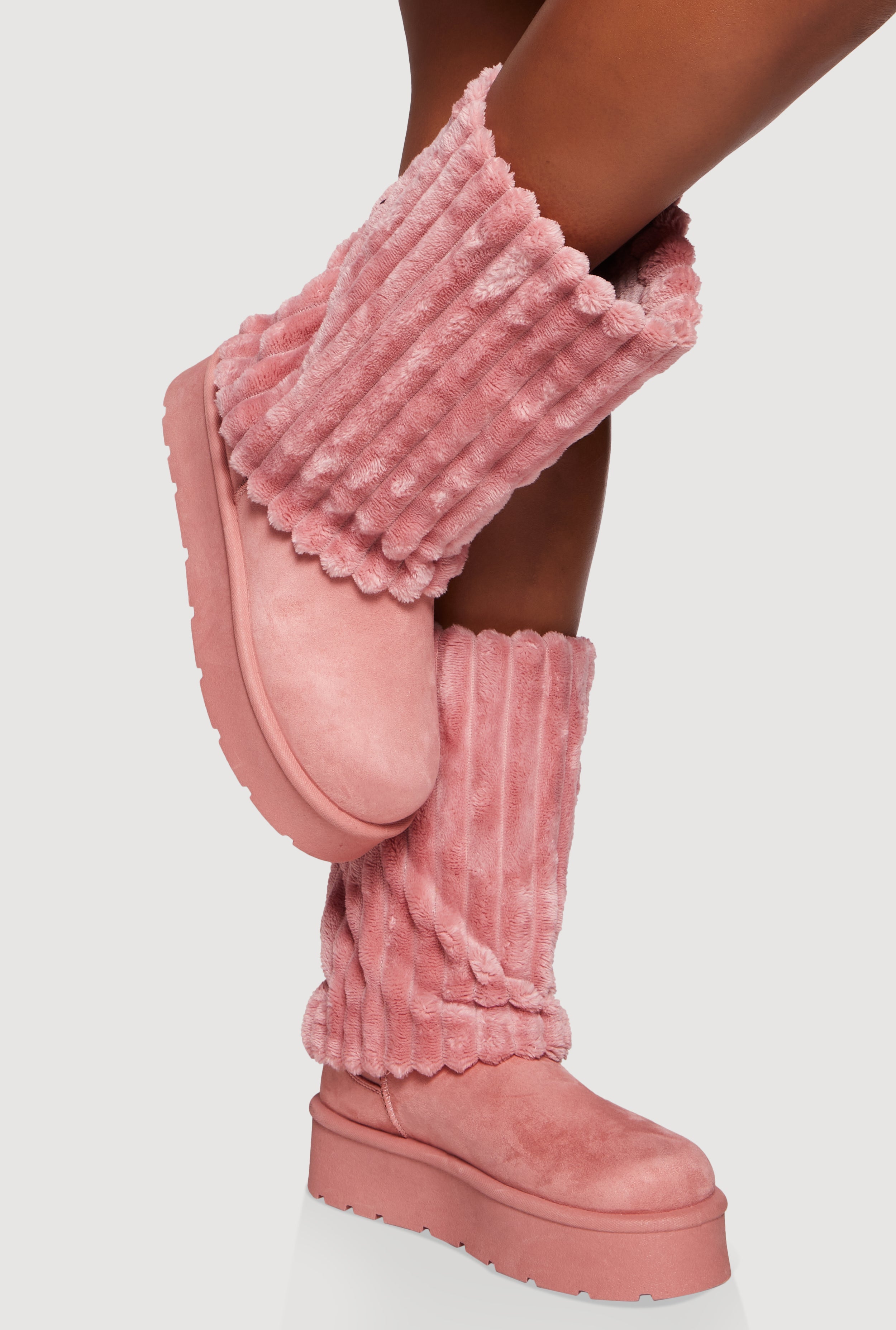 Ribbed Faux Fur Cuff Round Toe Platform Boots