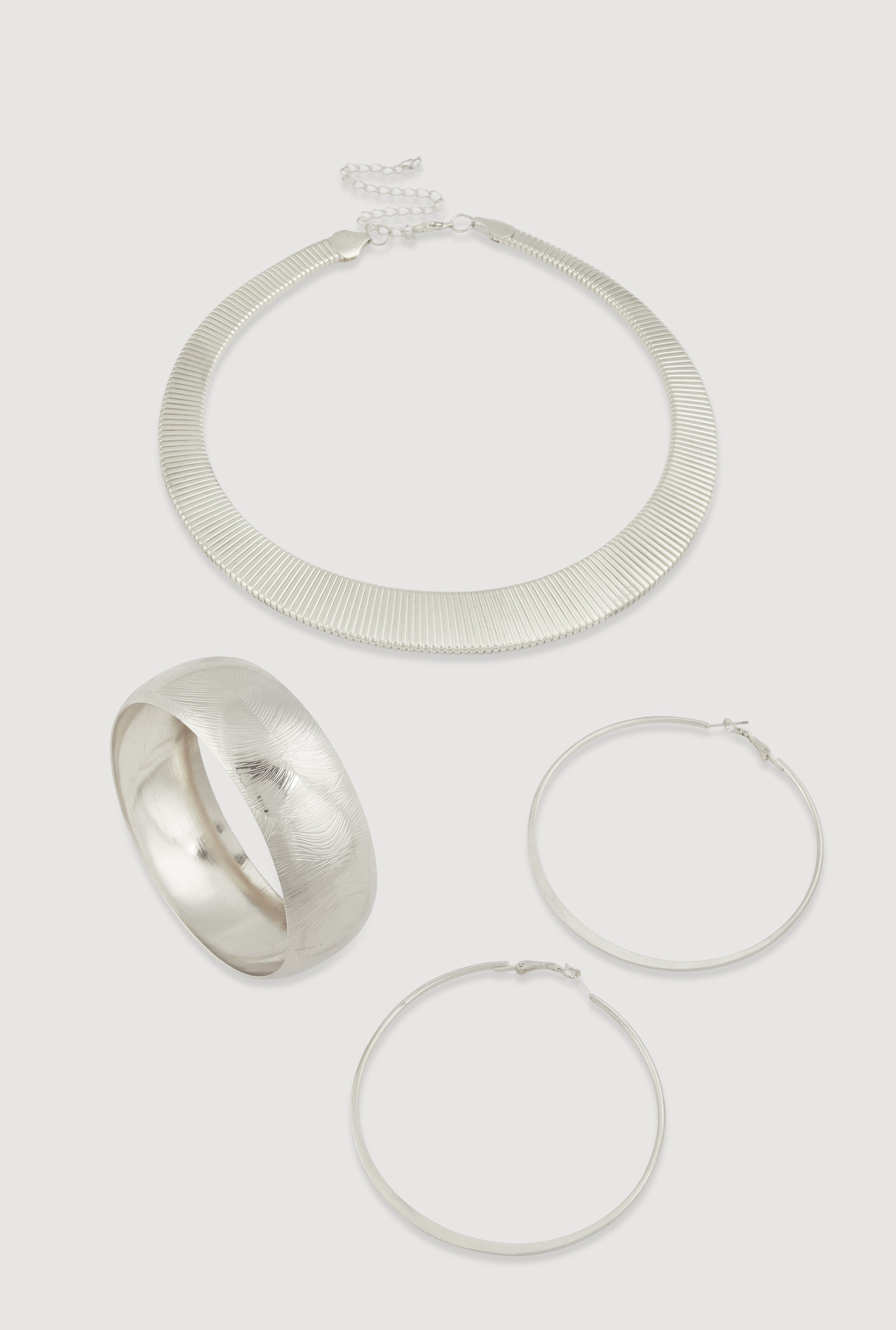 Metallic Statement Necklace with Hoop Earrings and Bangle Set