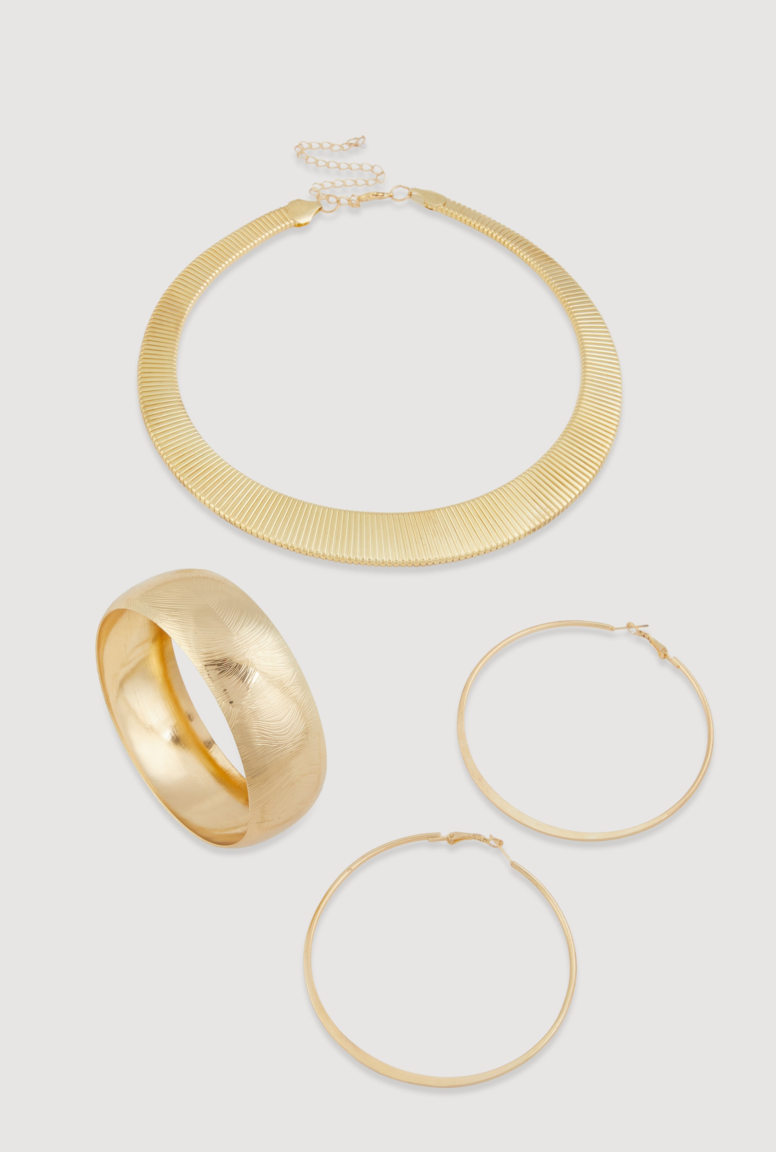 Metallic Statement Necklace with Hoop Earrings and Bangle Set