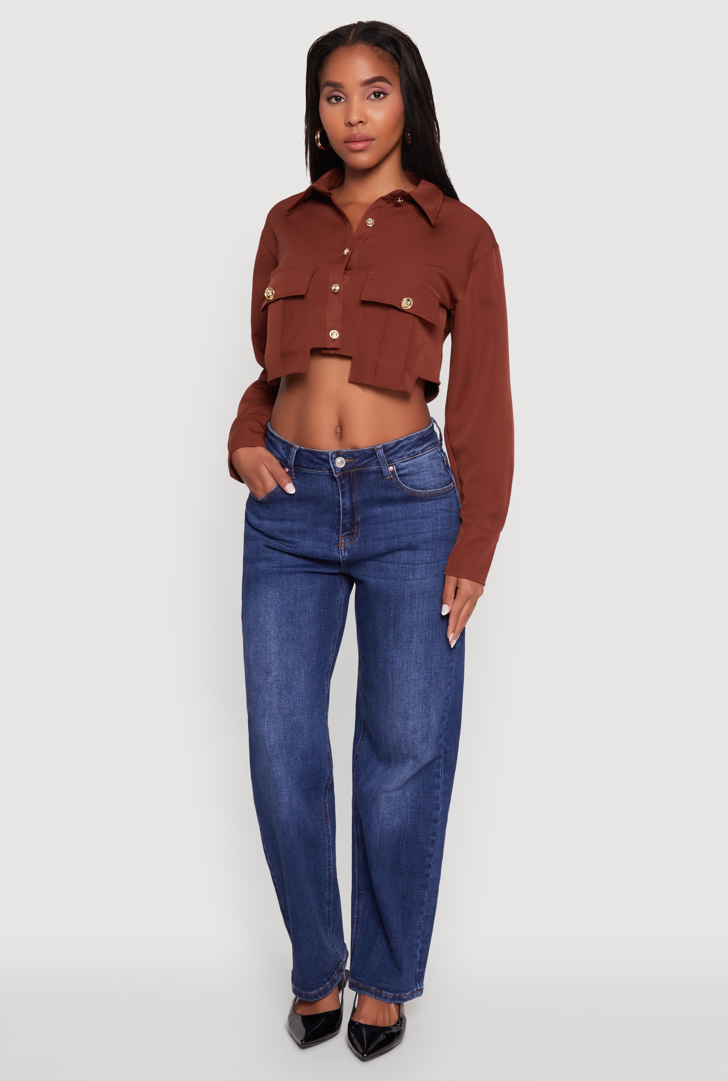 Classic Fit Solid Long Sleeve Shirt with Cropped Hem