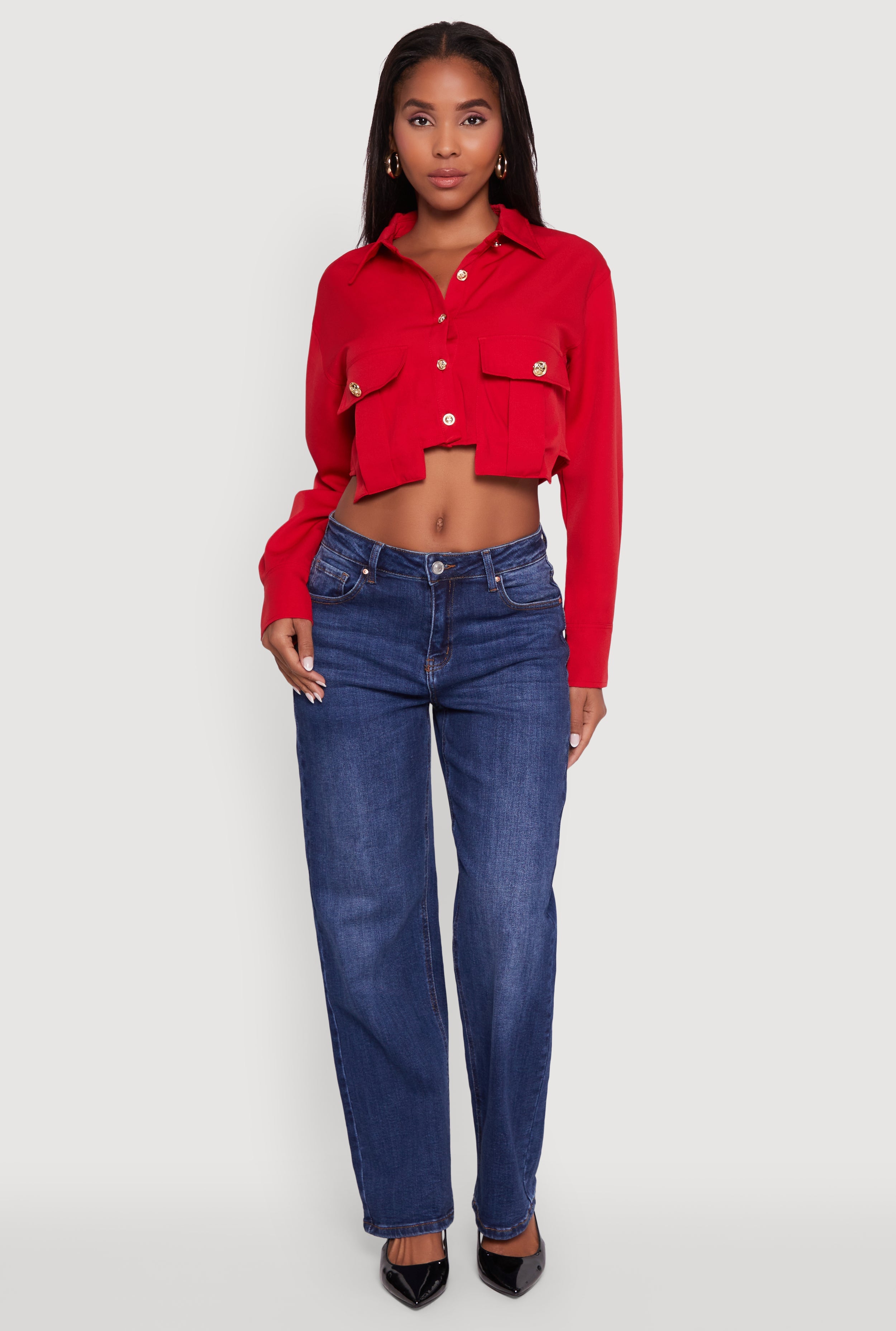 Classic Fit Solid Long Sleeve Shirt with Cropped Hem