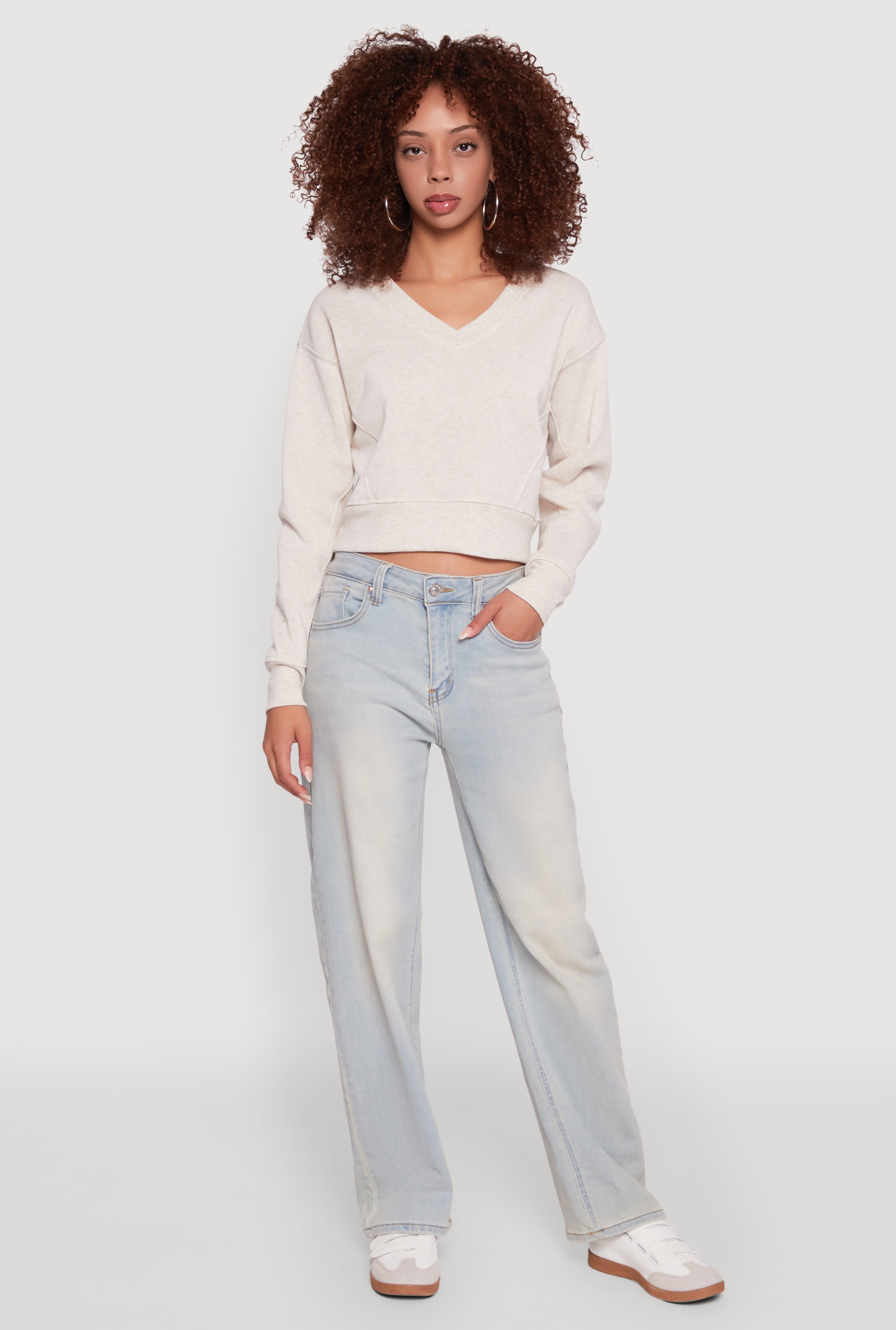 Fleece Lined V-Neck Crop Sweatshirt