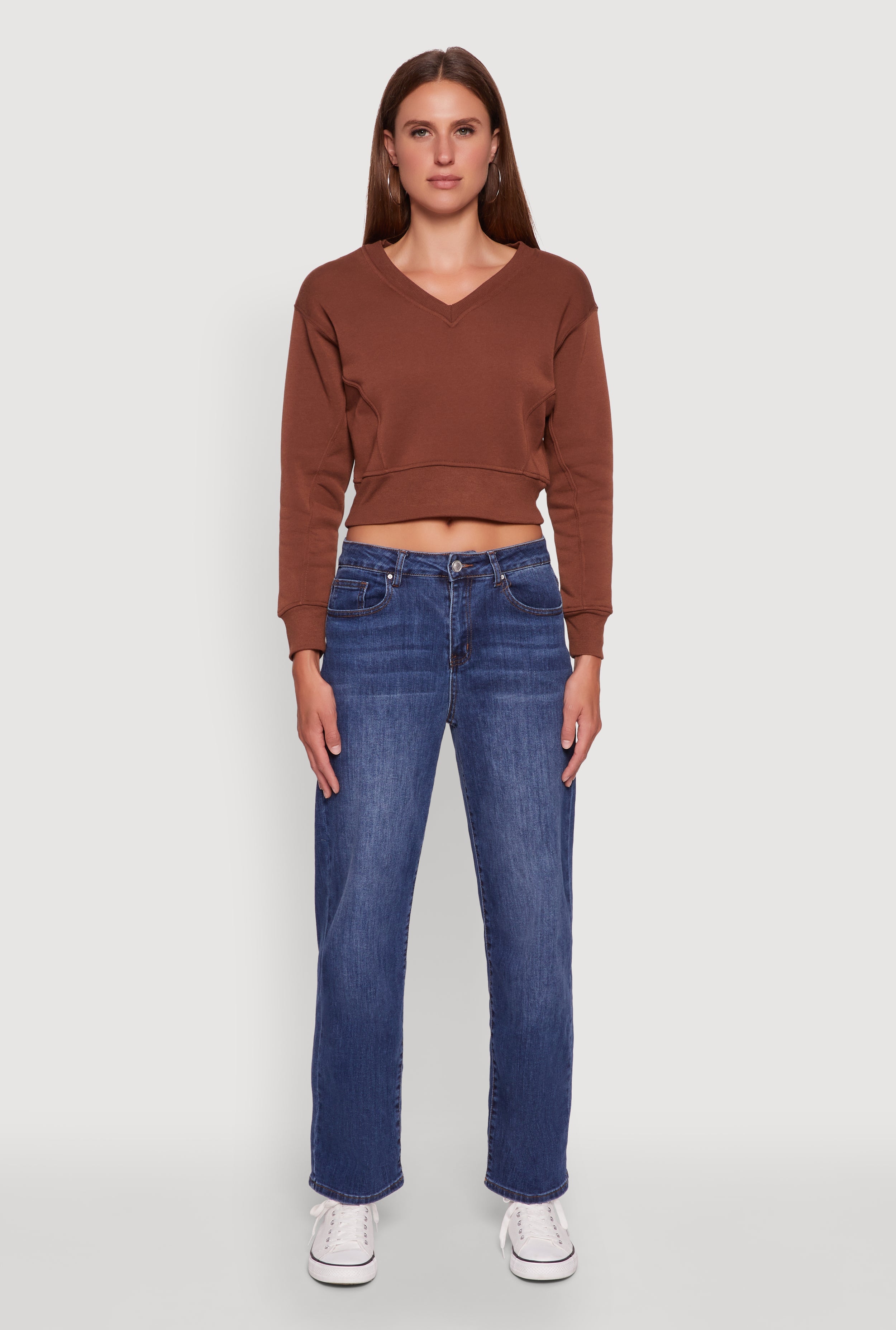 Fleece Lined V-Neck Crop Sweatshirt