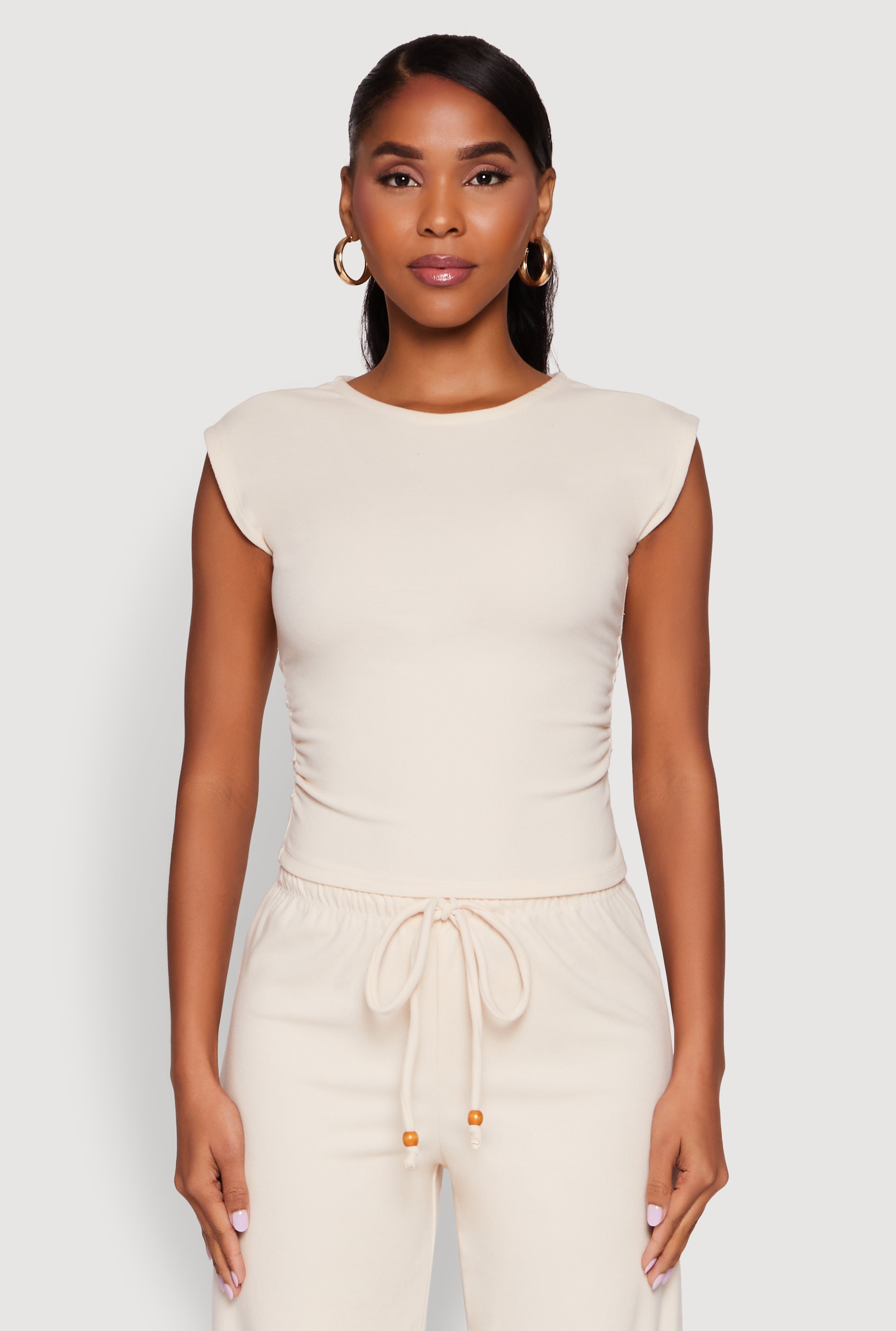 Haute Monde Brushed Knit Ruched Side Cap Sleeve Blouse