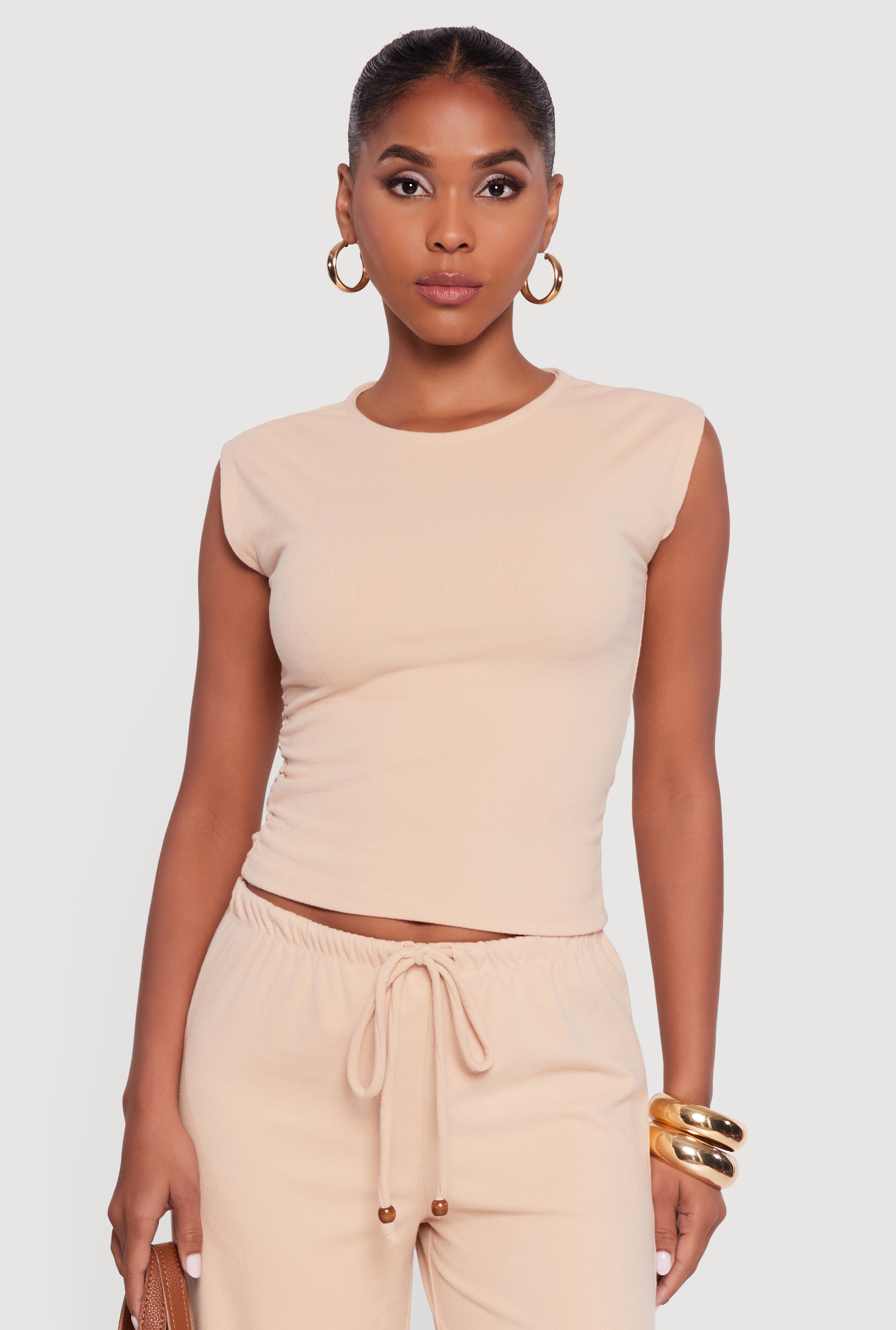 Haute Monde Brushed Knit Ruched Side Cap Sleeve Blouse