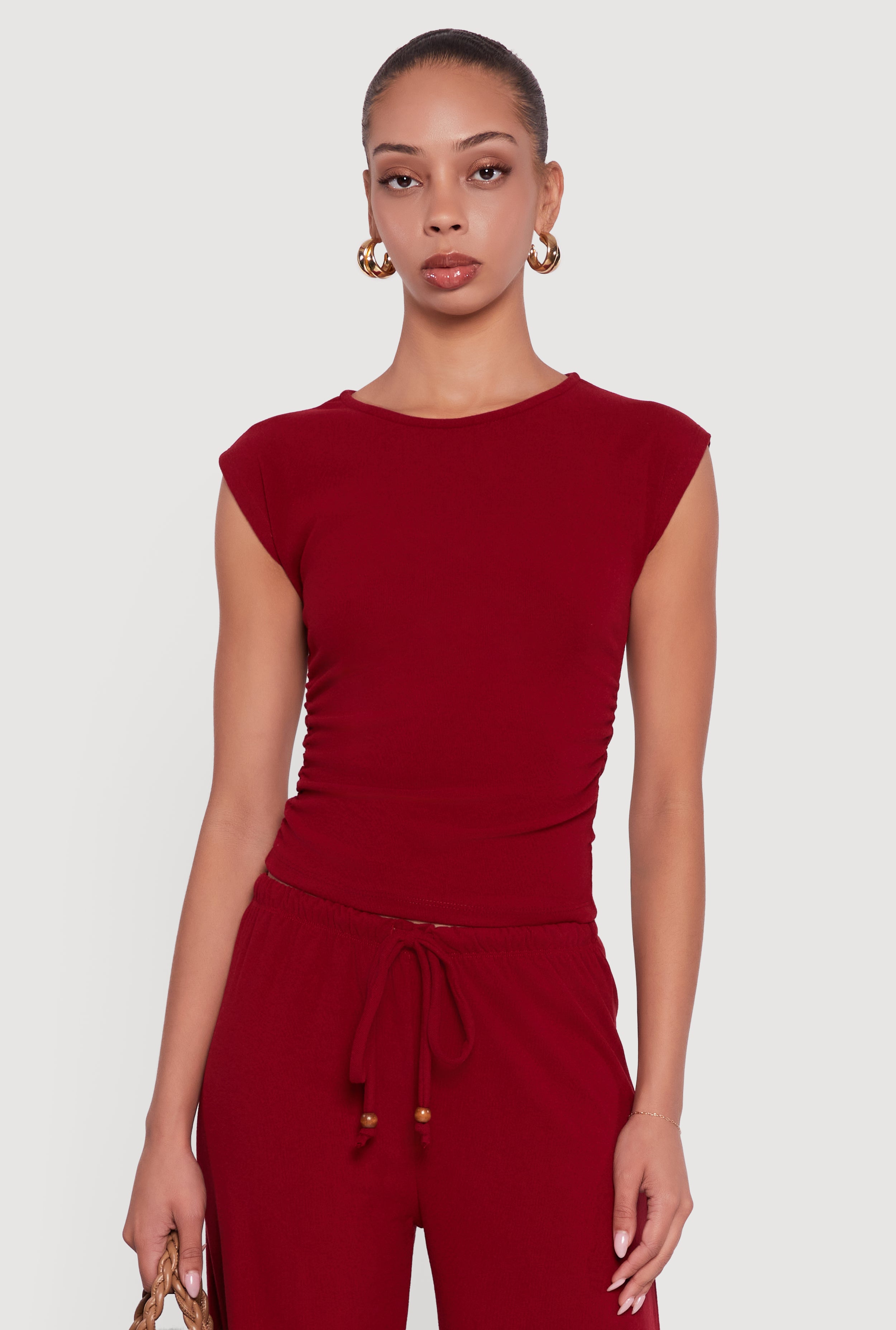 Haute Monde Brushed Knit Ruched Side Cap Sleeve Blouse