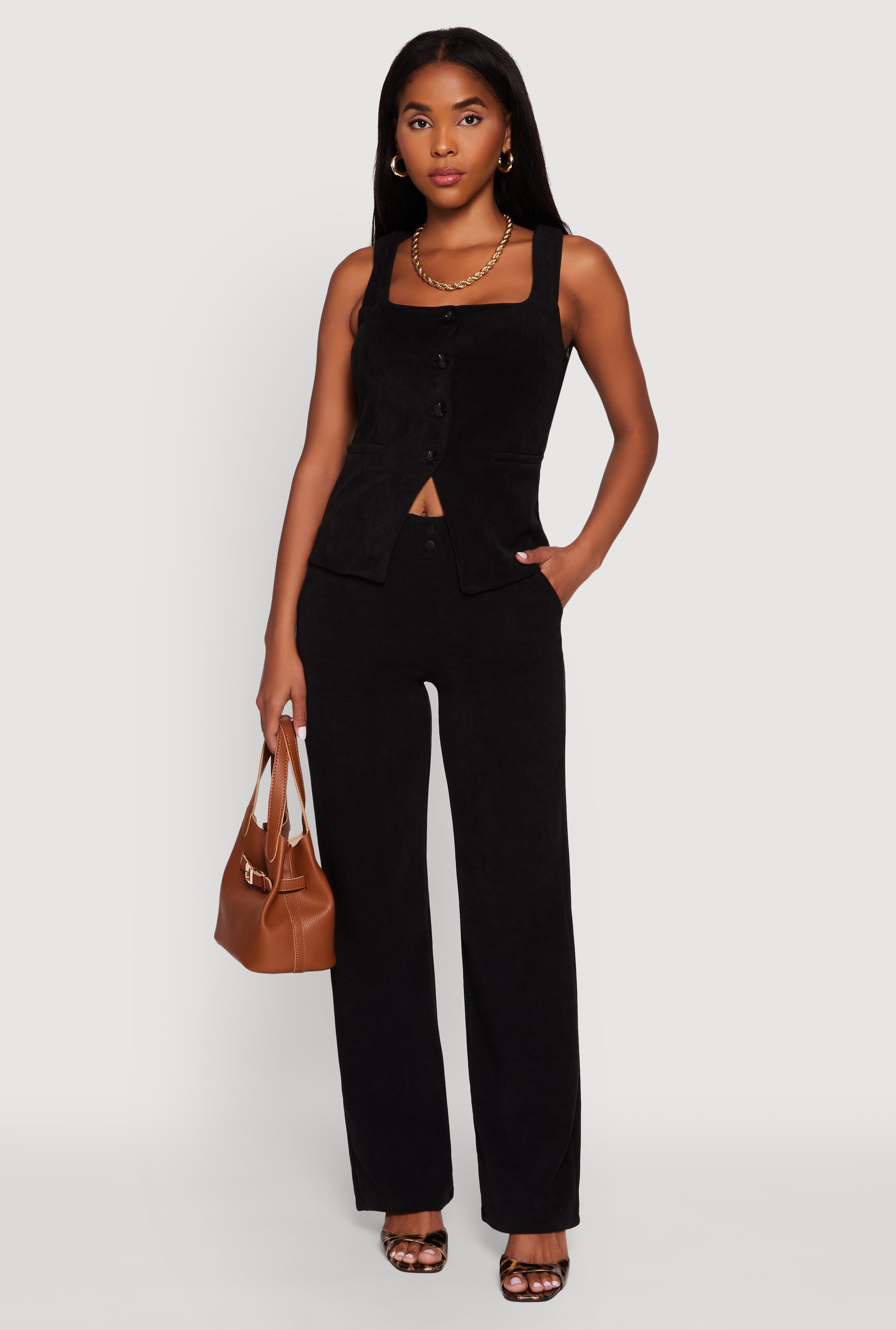 High Waisted Wide Leg Pants with Faux Buttons