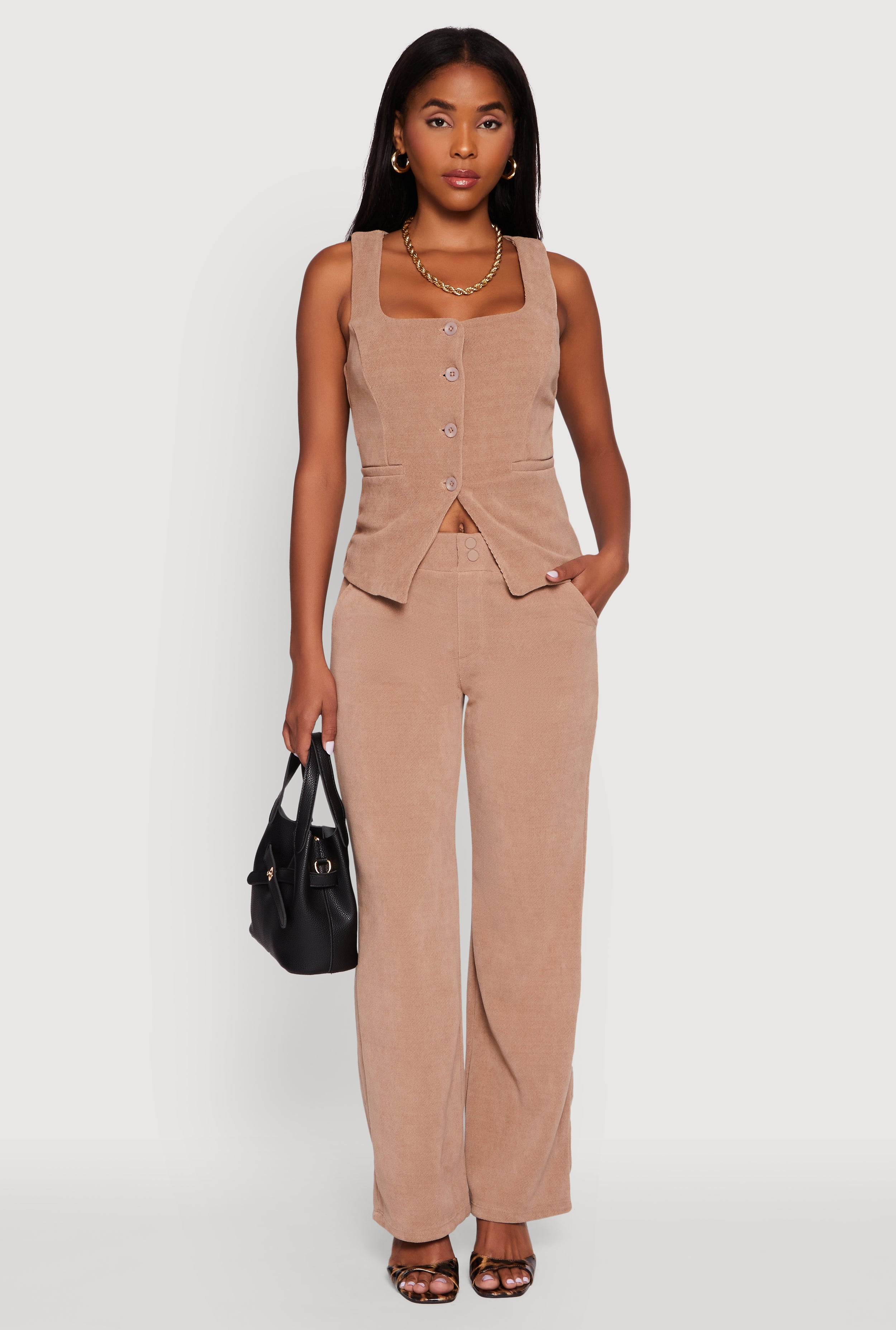 High Waisted Wide Leg Pants with Faux Buttons
