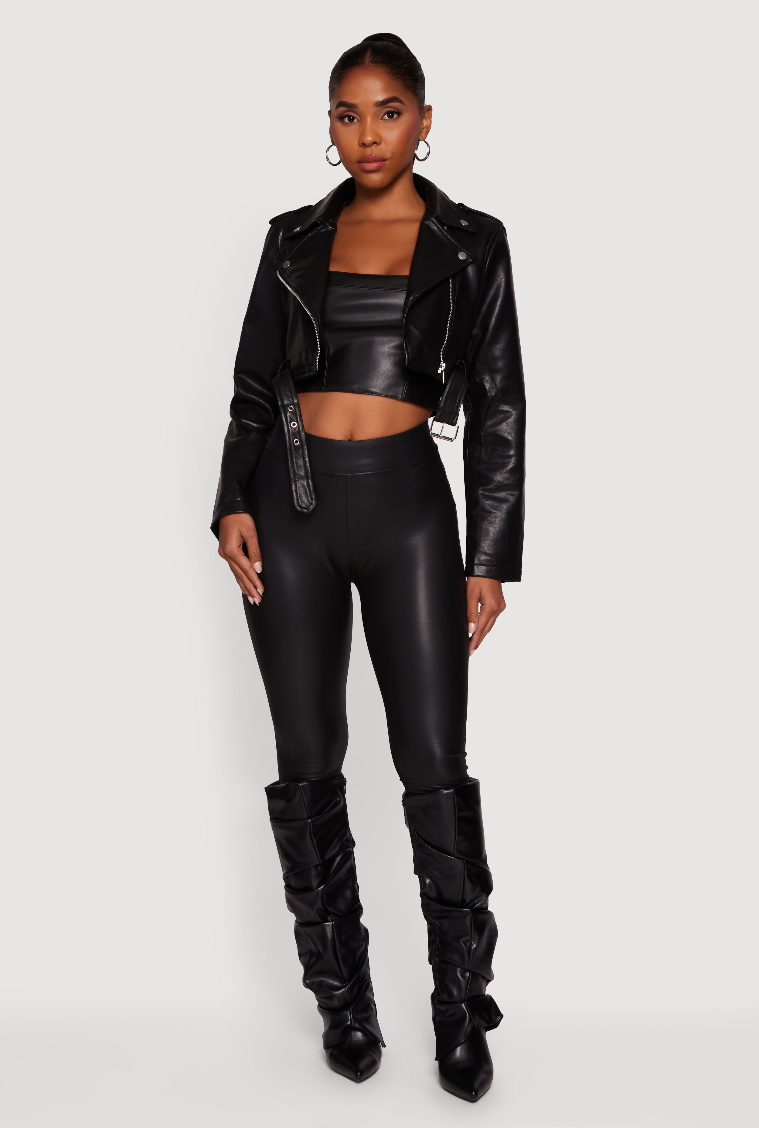 Faux Leather Cropped Moto Jacket with Belted Hem