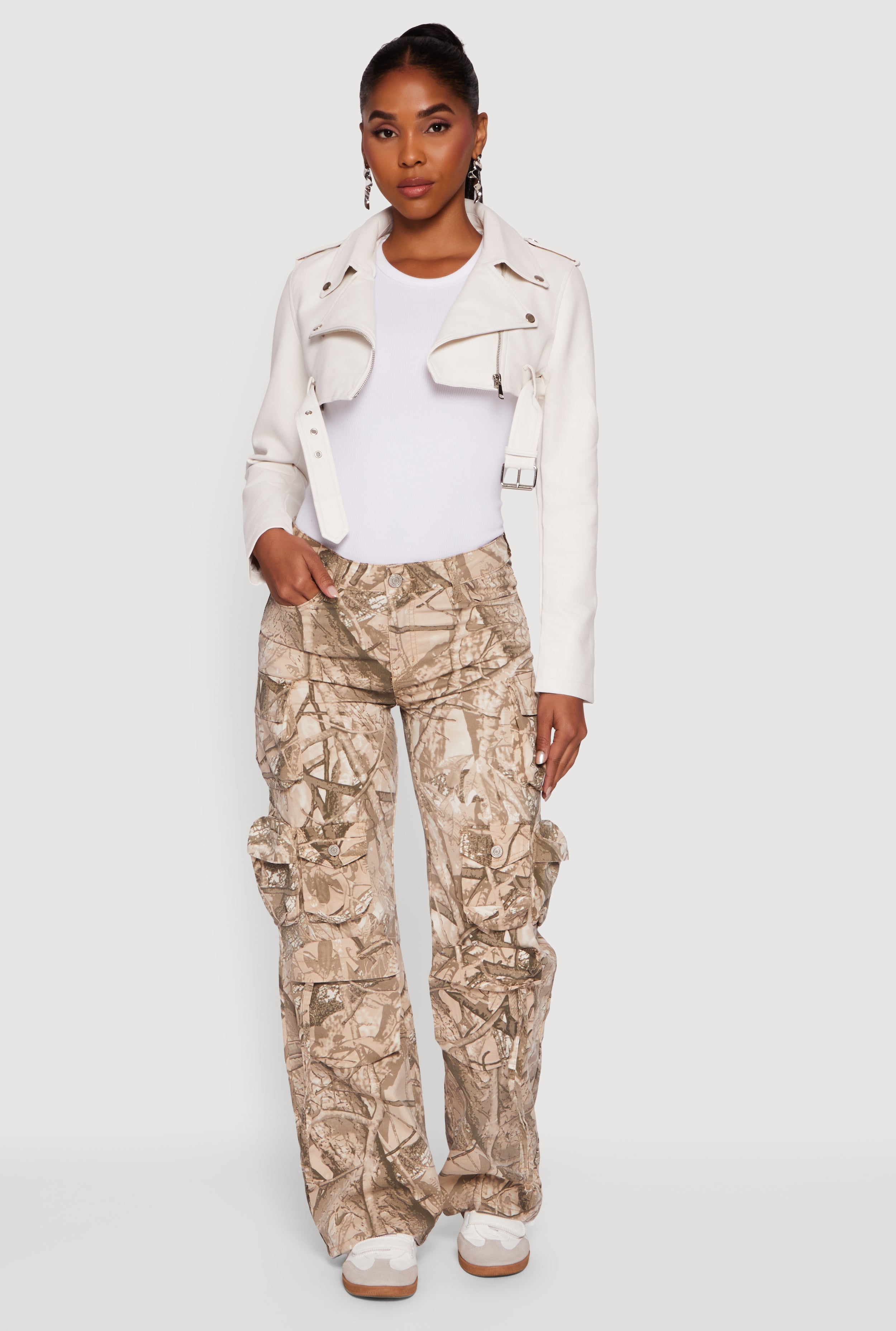 Faux Leather Cropped Moto Jacket with Belted Hem