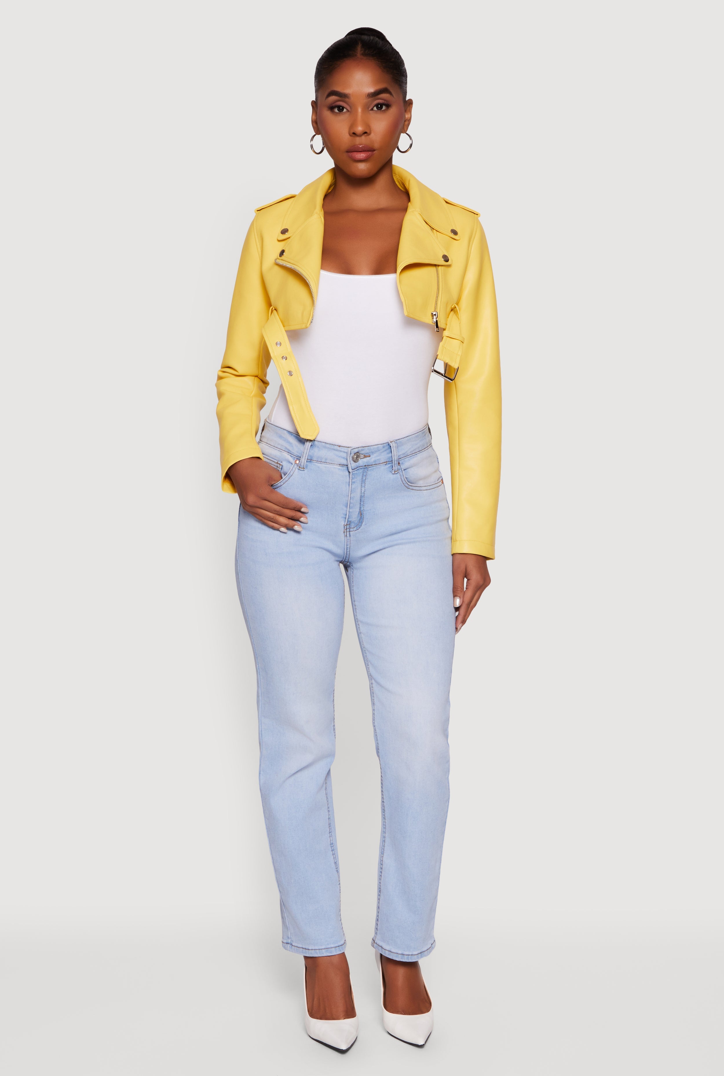 Faux Leather Cropped Moto Jacket with Belted Hem