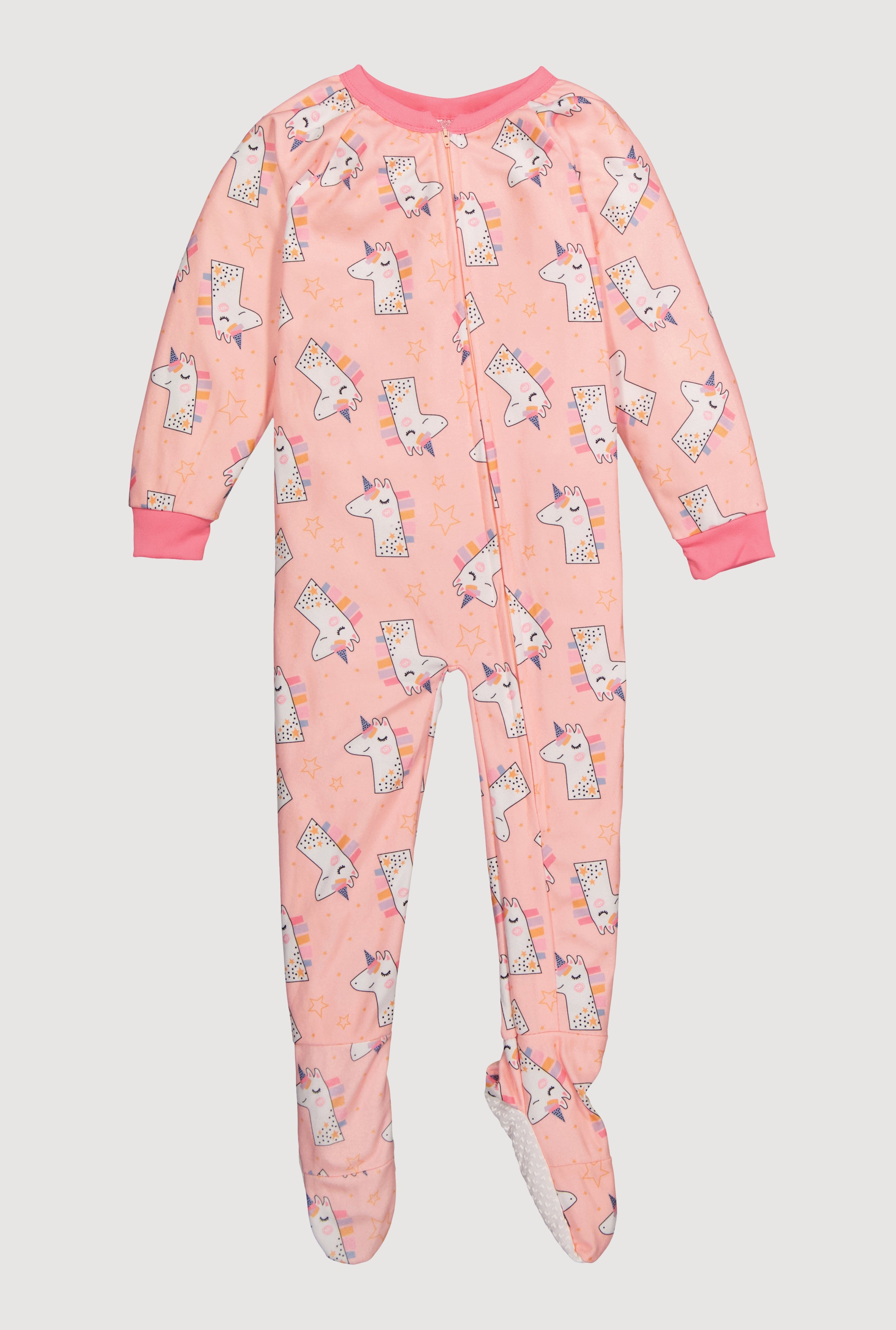 Little Girls Patterned Crew Neck Footed Pajamas