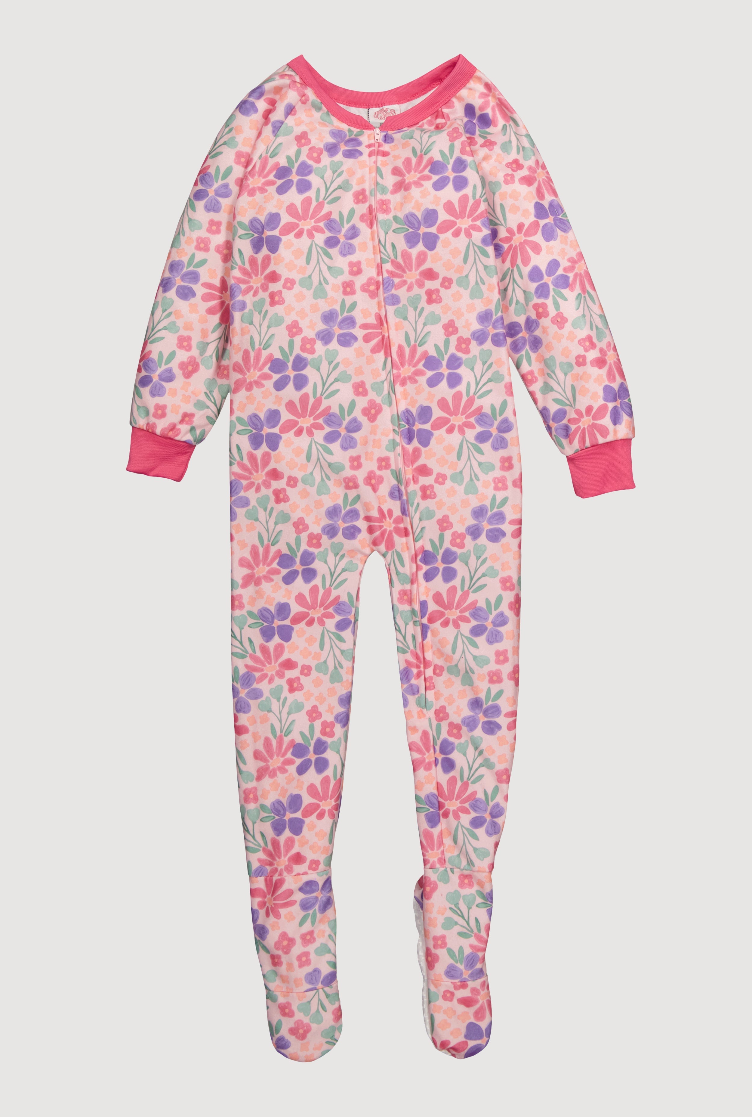 Little Girls Patterned Crew Neck Footed Pajamas
