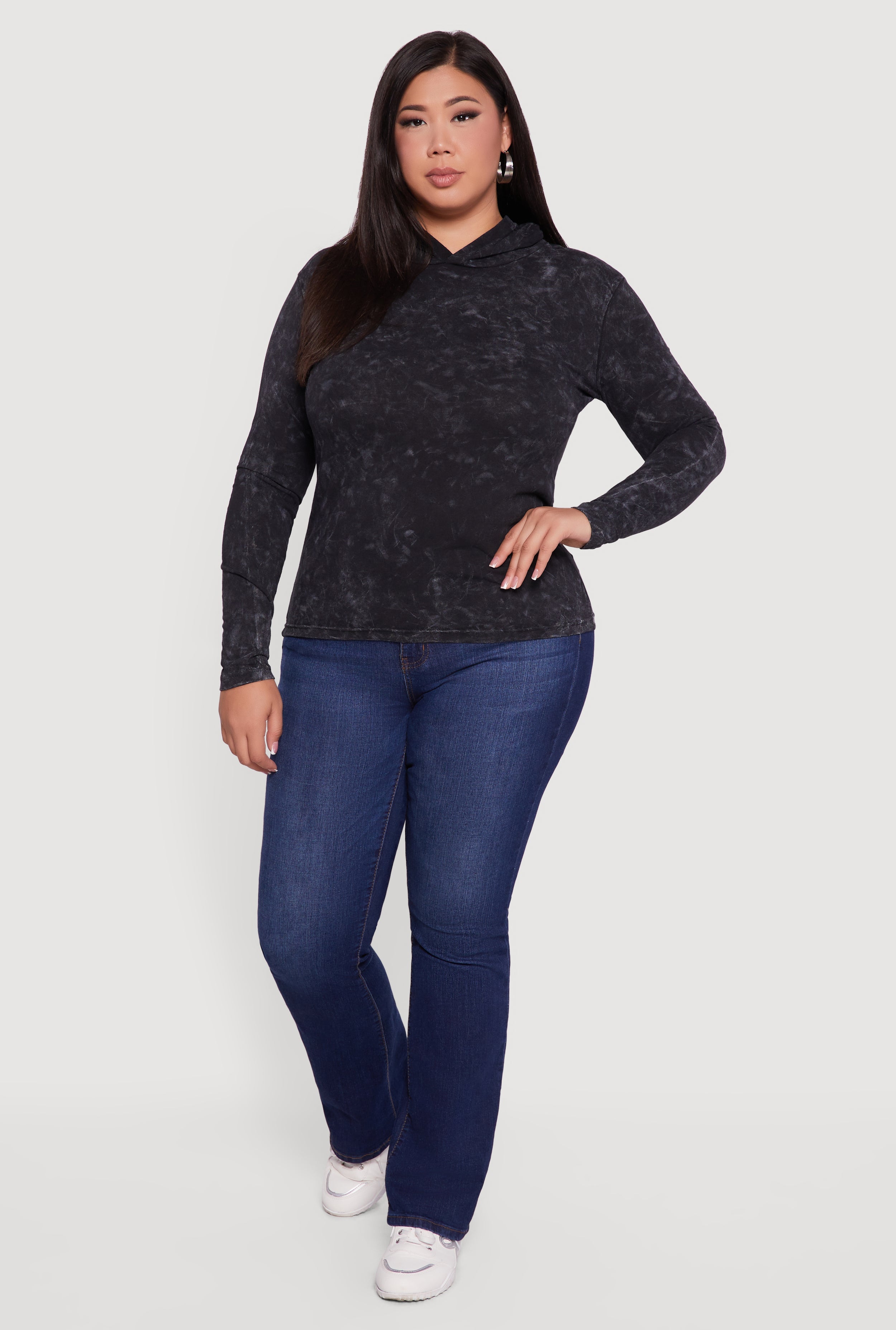 Plus Size Acid Wash Long Sleeve Pullover Hoodie