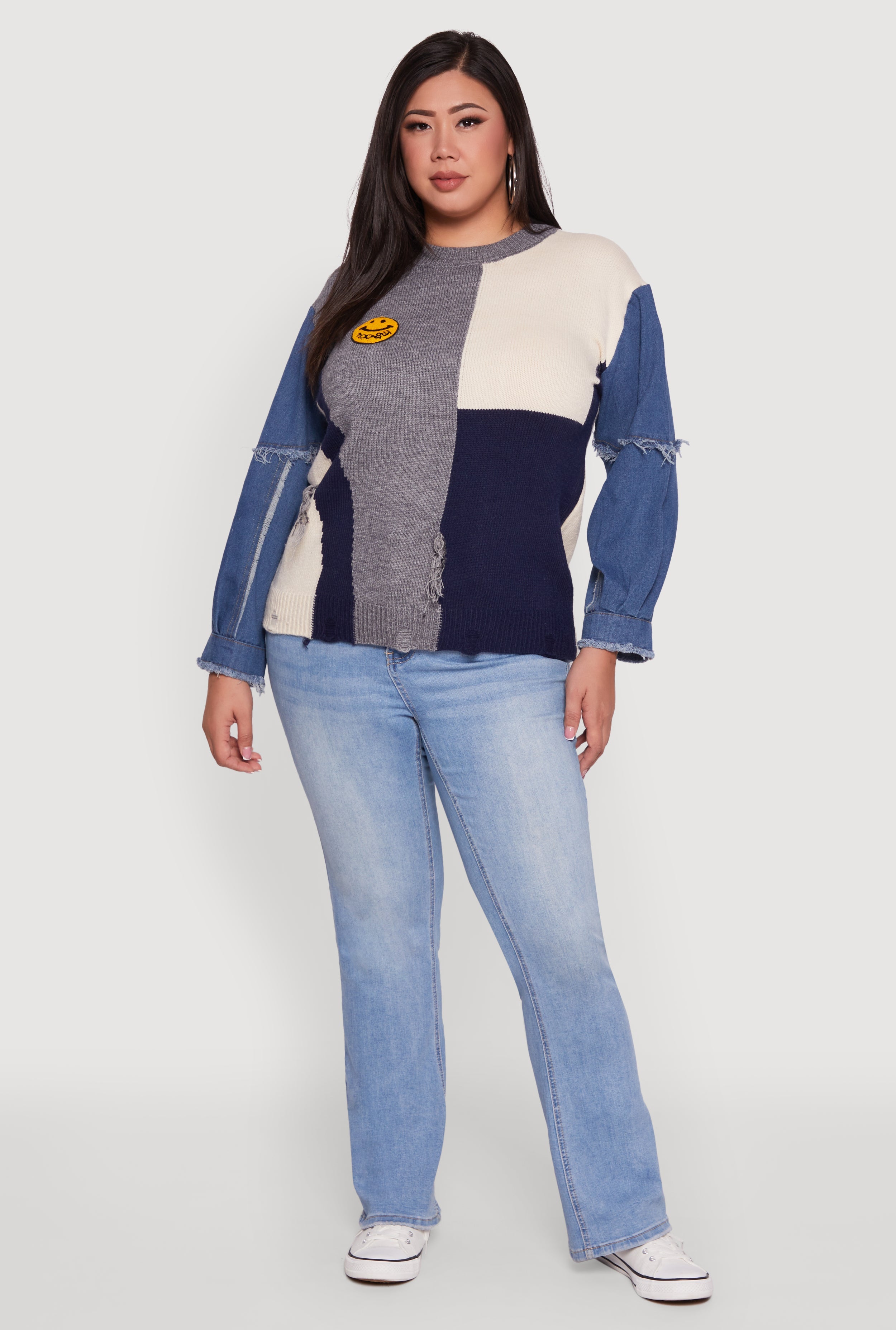 Plus Size Daisy Color Blocked Denim Sleeve Sweater