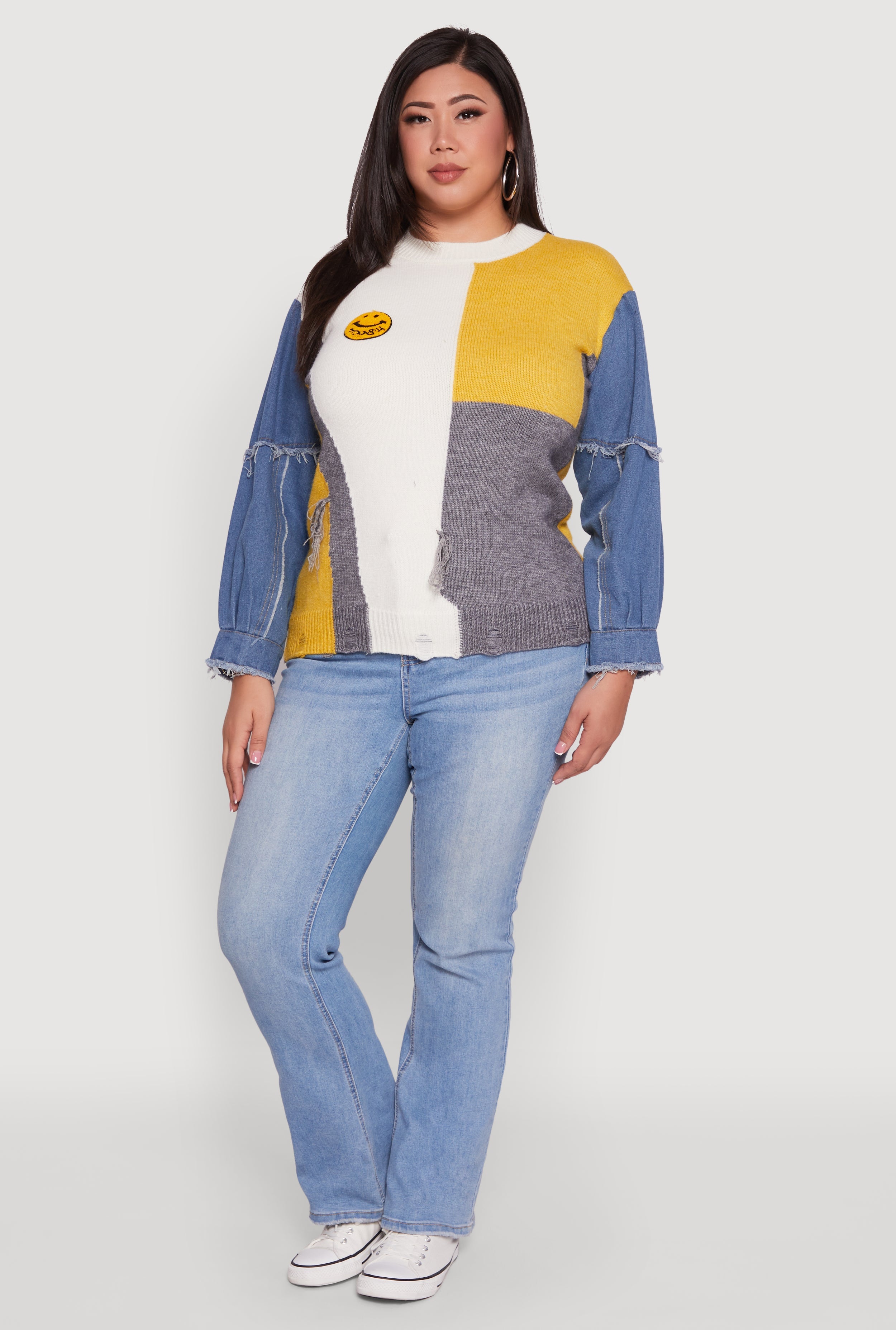 Plus Size Daisy Color Blocked Denim Sleeve Sweater