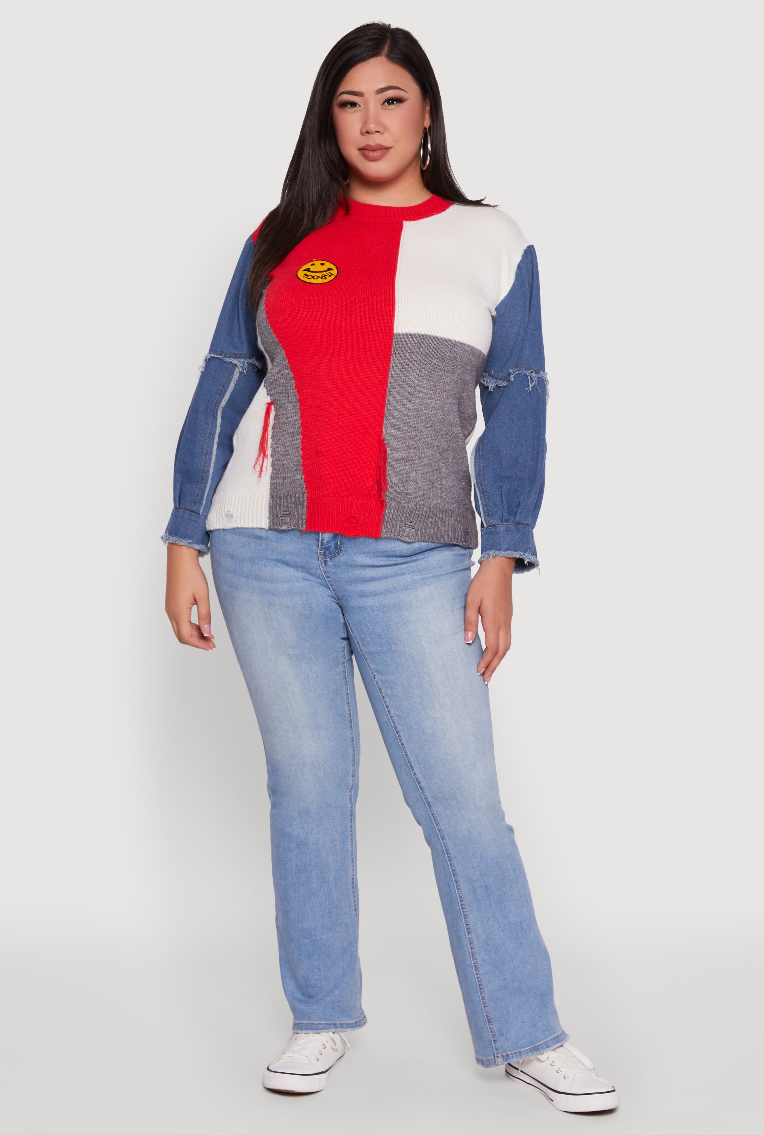 Plus Size Daisy Color Blocked Denim Sleeve Sweater