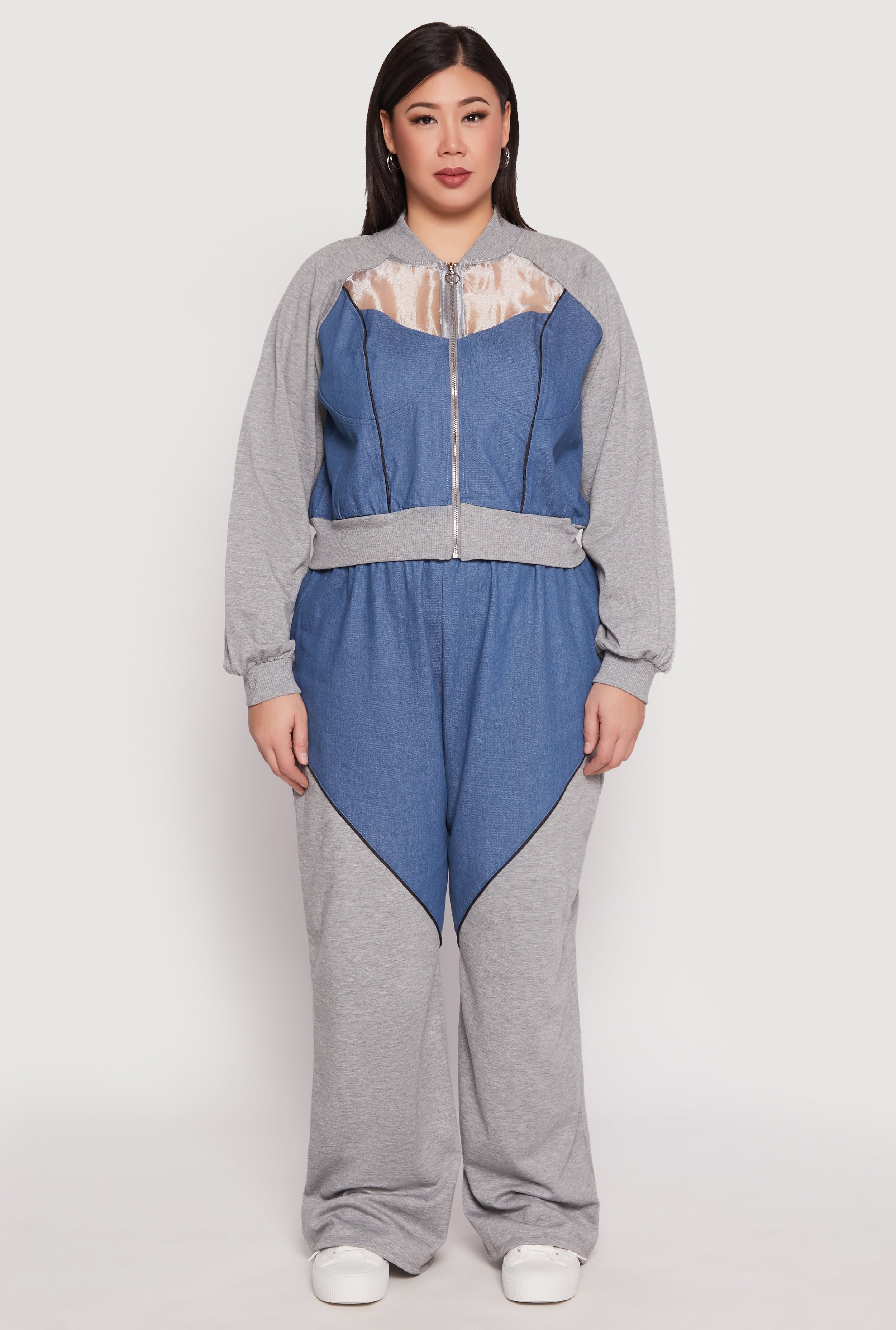 Plus Size Denim Color Block Wide Leg Pants