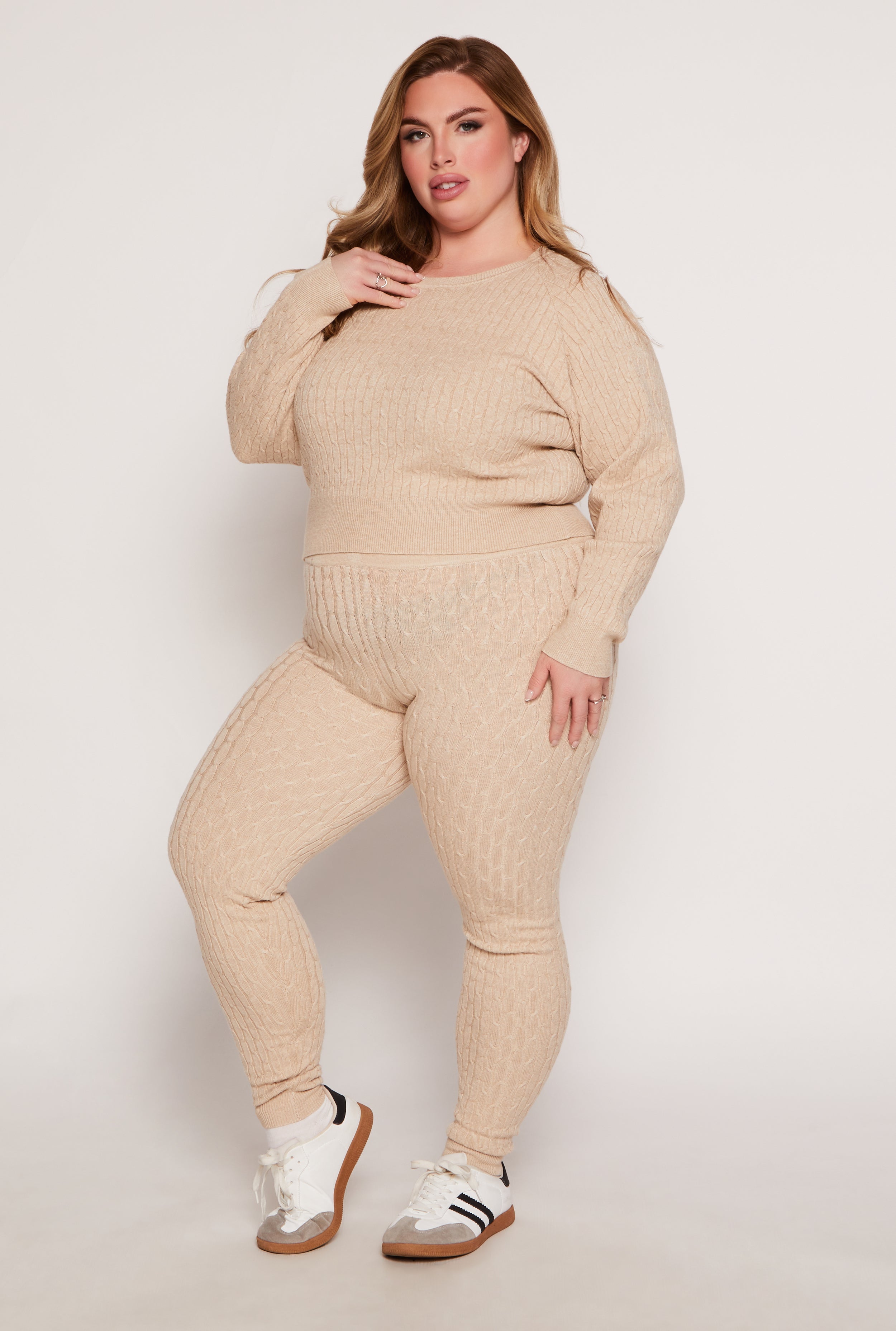 Plus Size Cable Knit Wide Waist Leggings