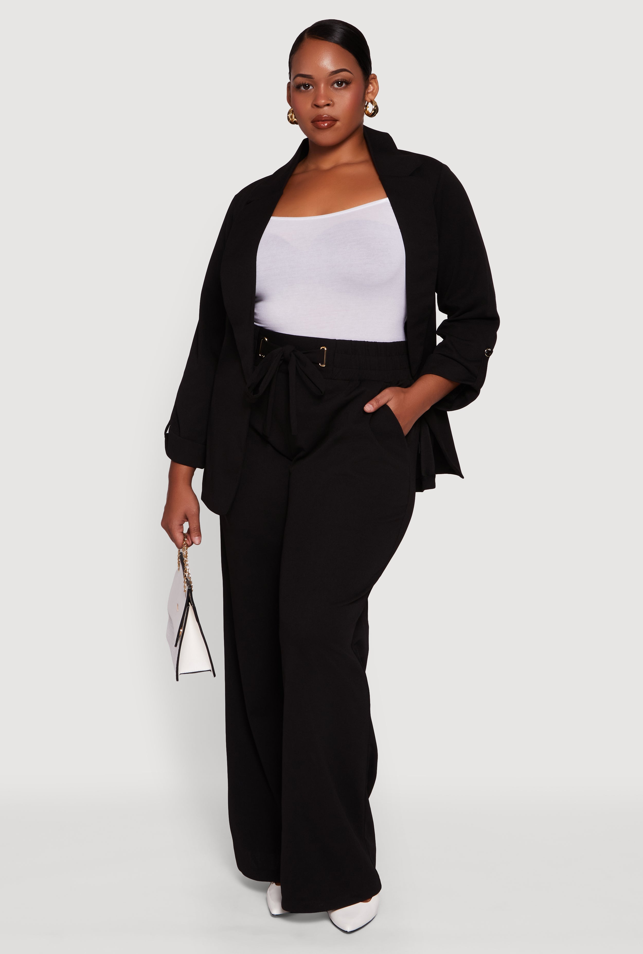 Plus Size Crepe Knit Drawstring Detail Wide Leg Pants
