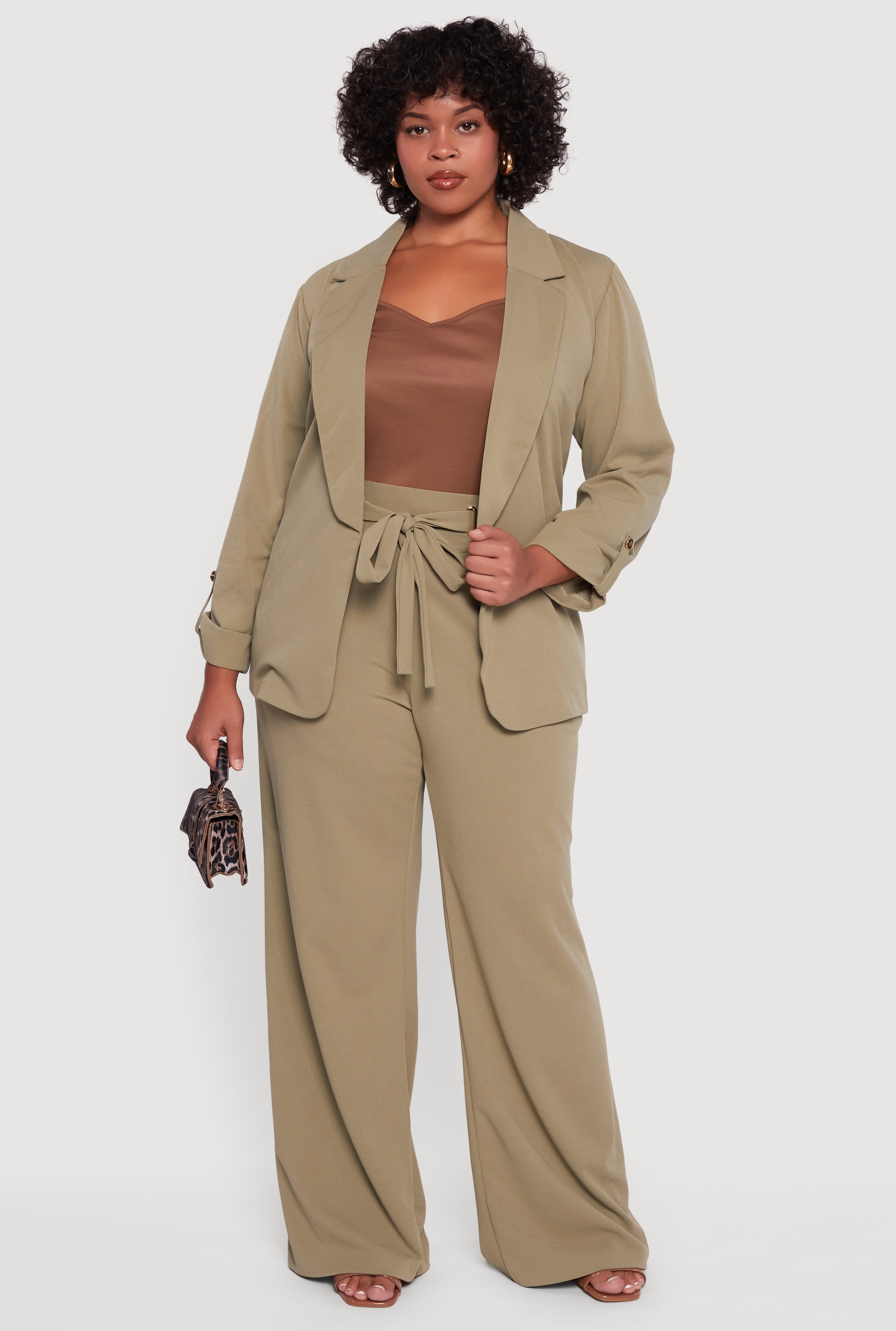 Plus Size Crepe Knit Drawstring Detail Wide Leg Pants