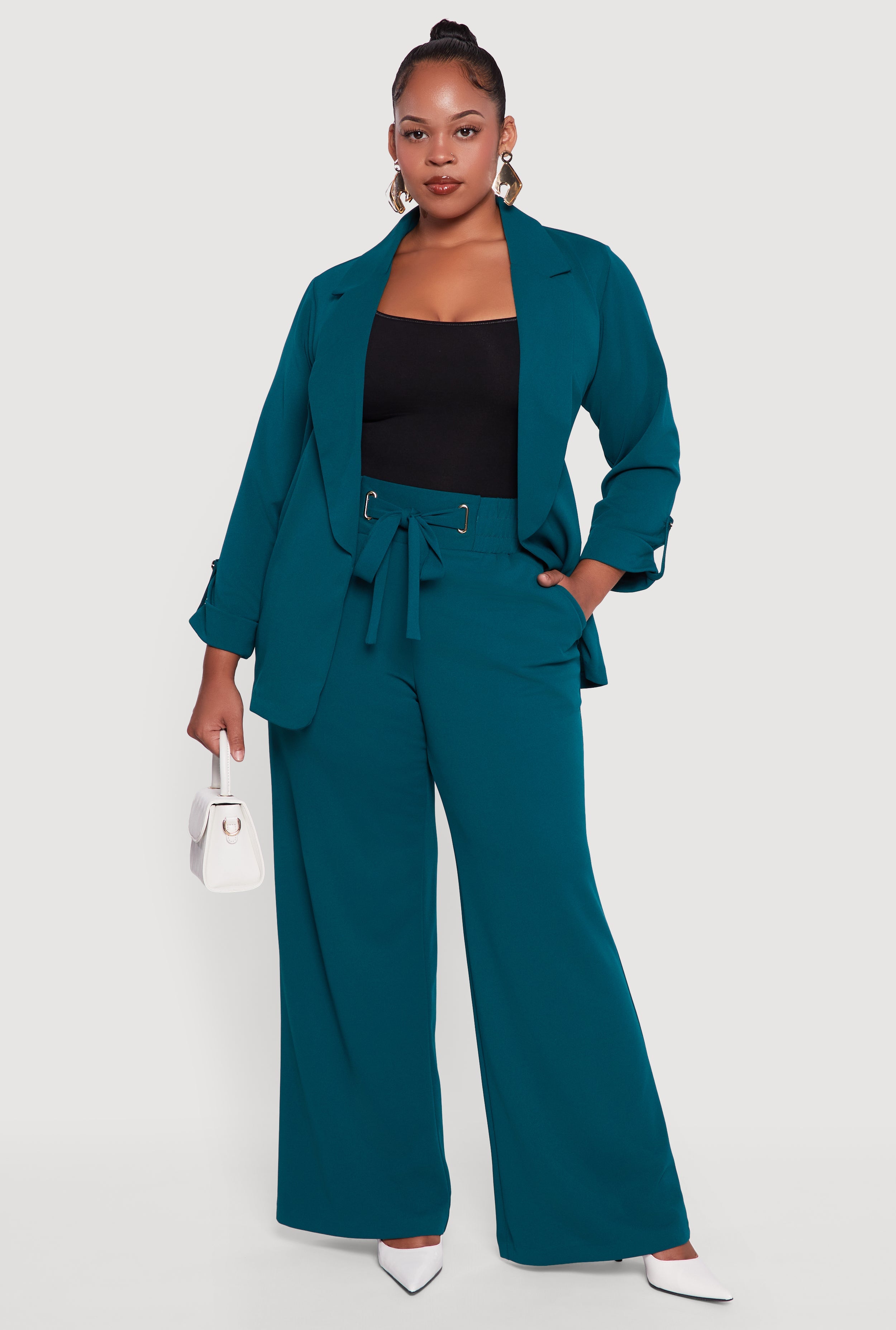 Plus Size Crepe Knit Drawstring Detail Wide Leg Pants