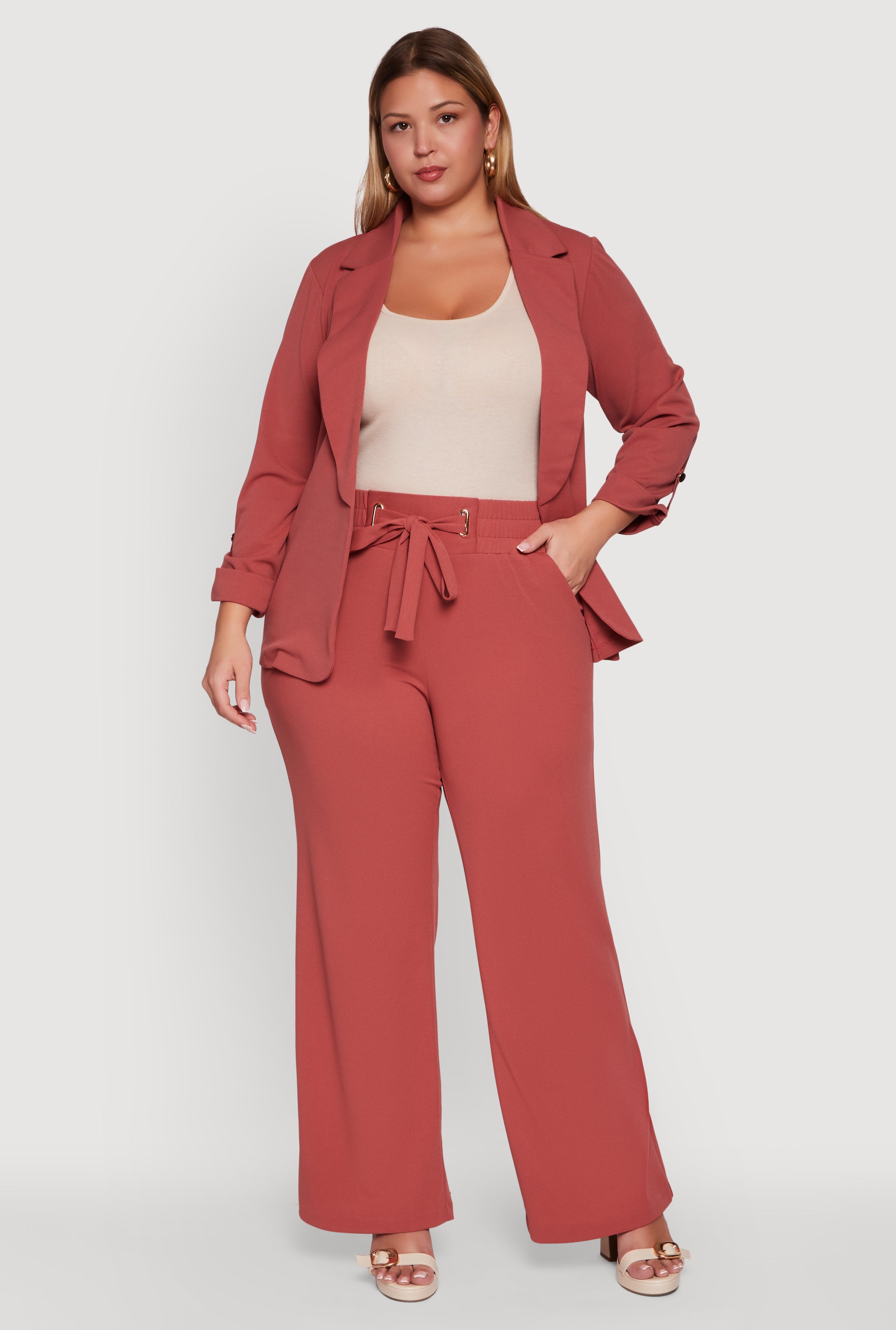 Plus Size Crepe Knit Drawstring Detail Wide Leg Pants