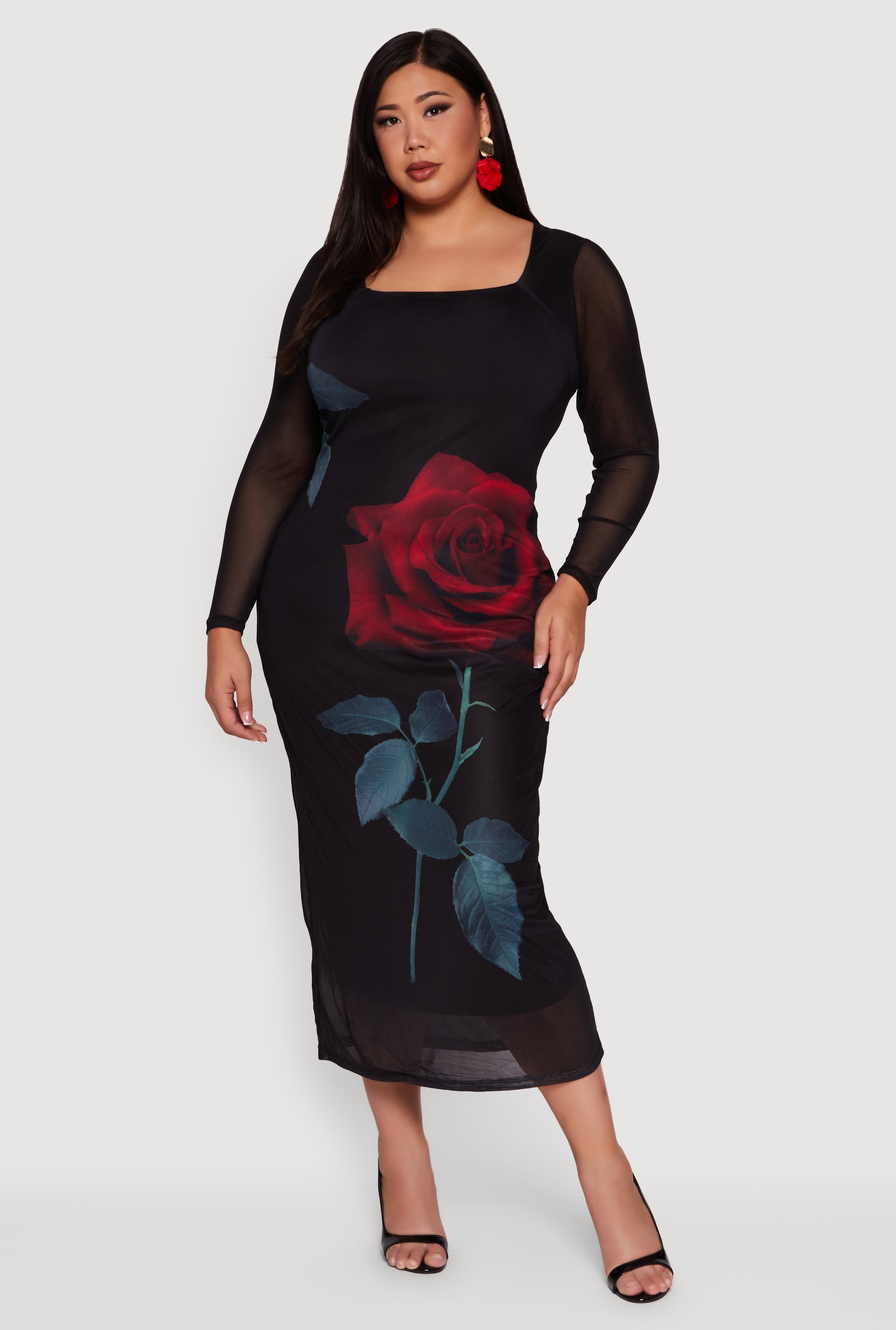 Plus Size Almost Famous Mesh Rose Print Maxi Dress
