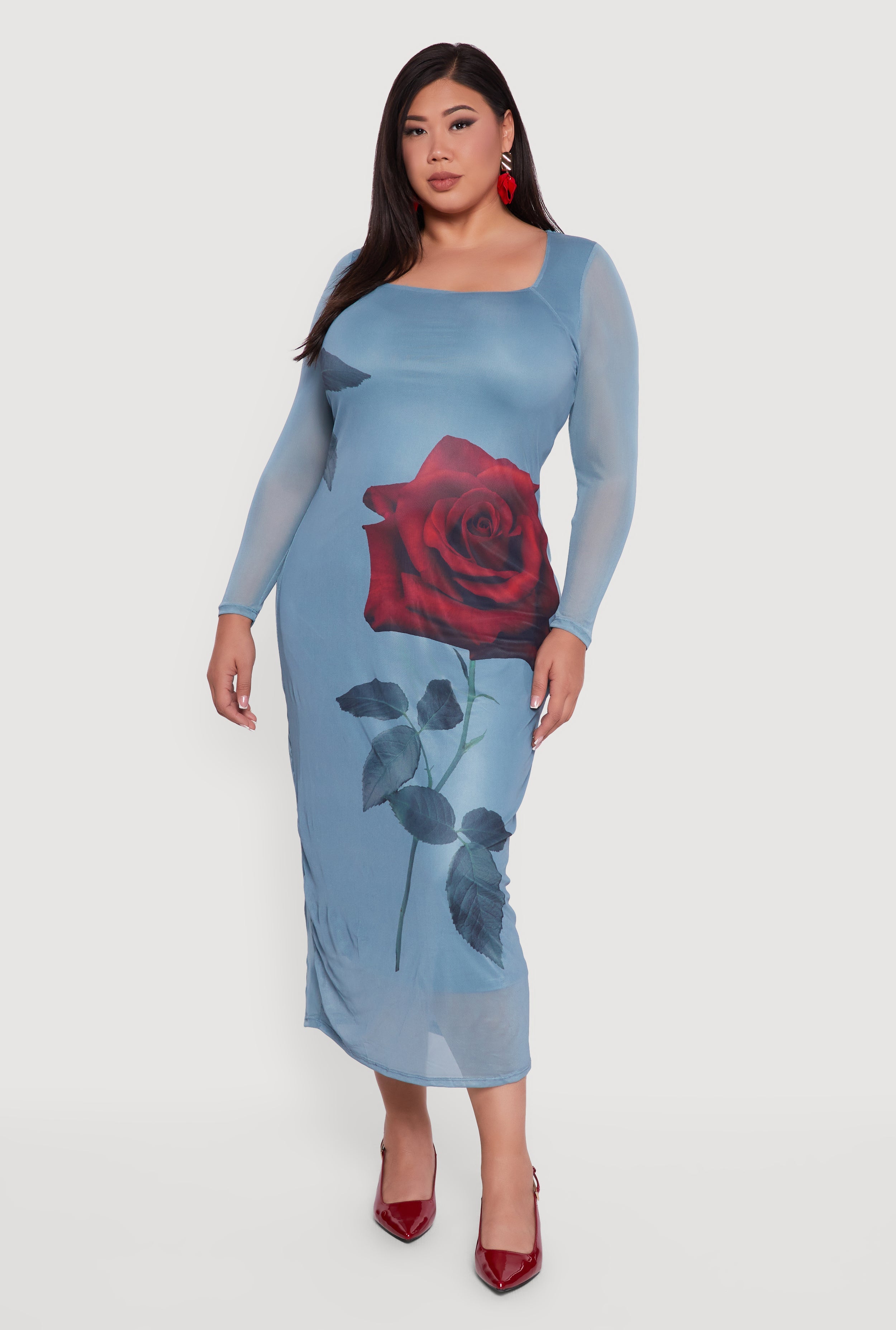 Plus Size Almost Famous Mesh Rose Print Maxi Dress