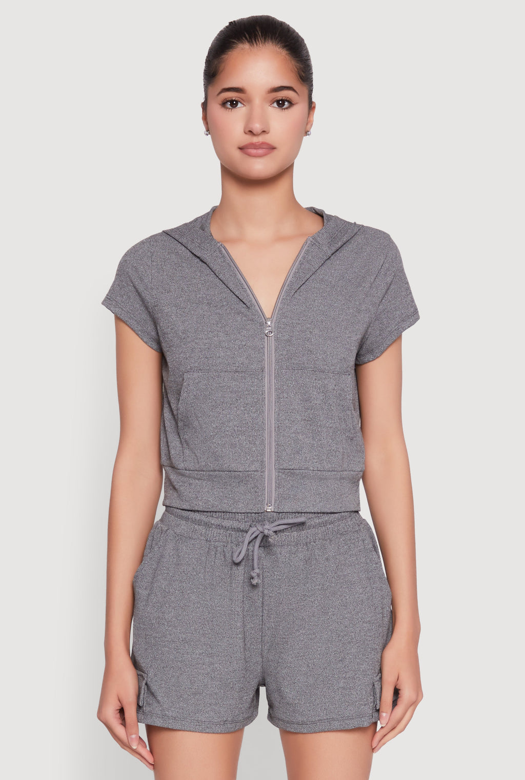 Ribbed Knit Short Sleeve Zip Front Hoodie