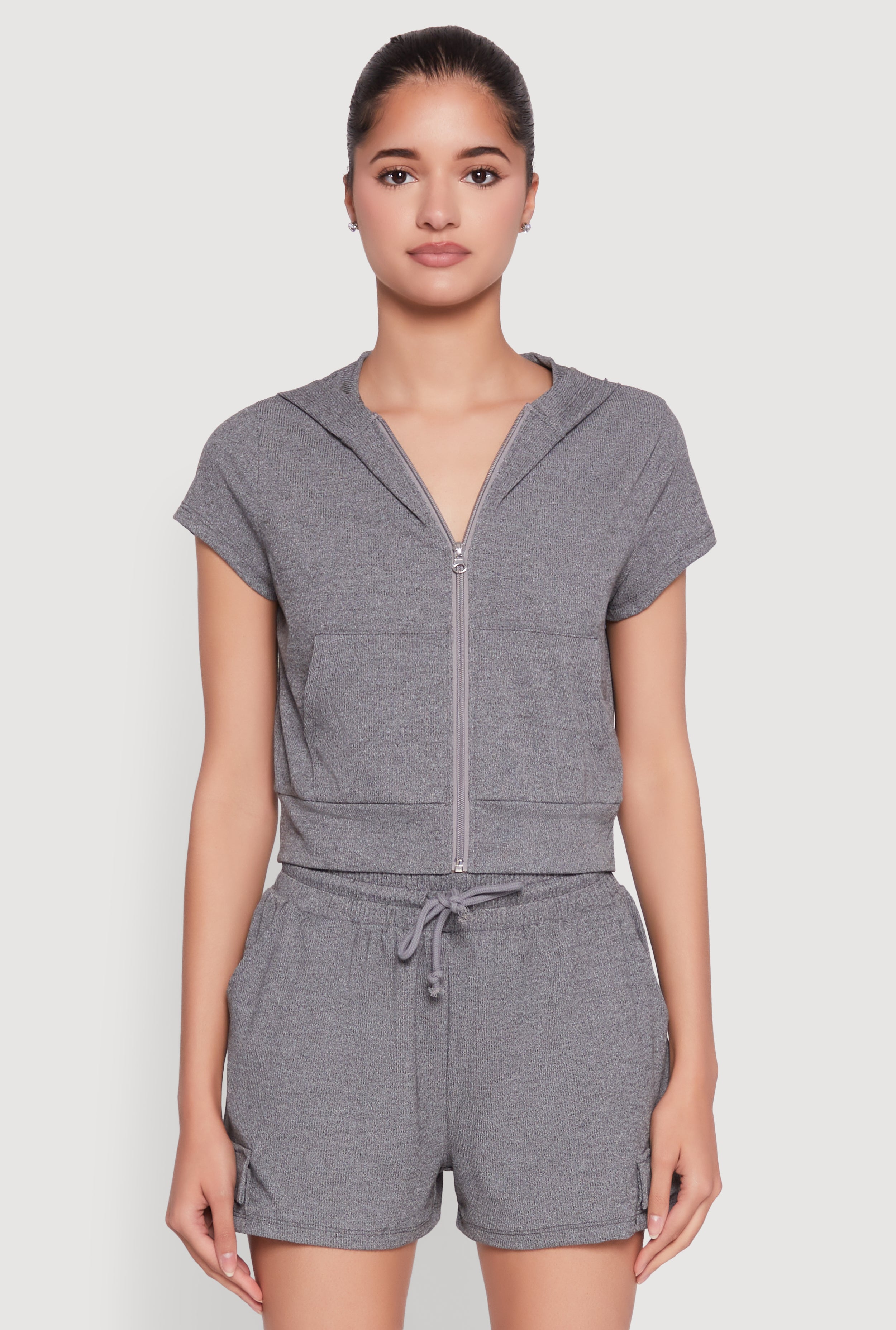 Ribbed Knit Short Sleeve Zip Front Hoodie